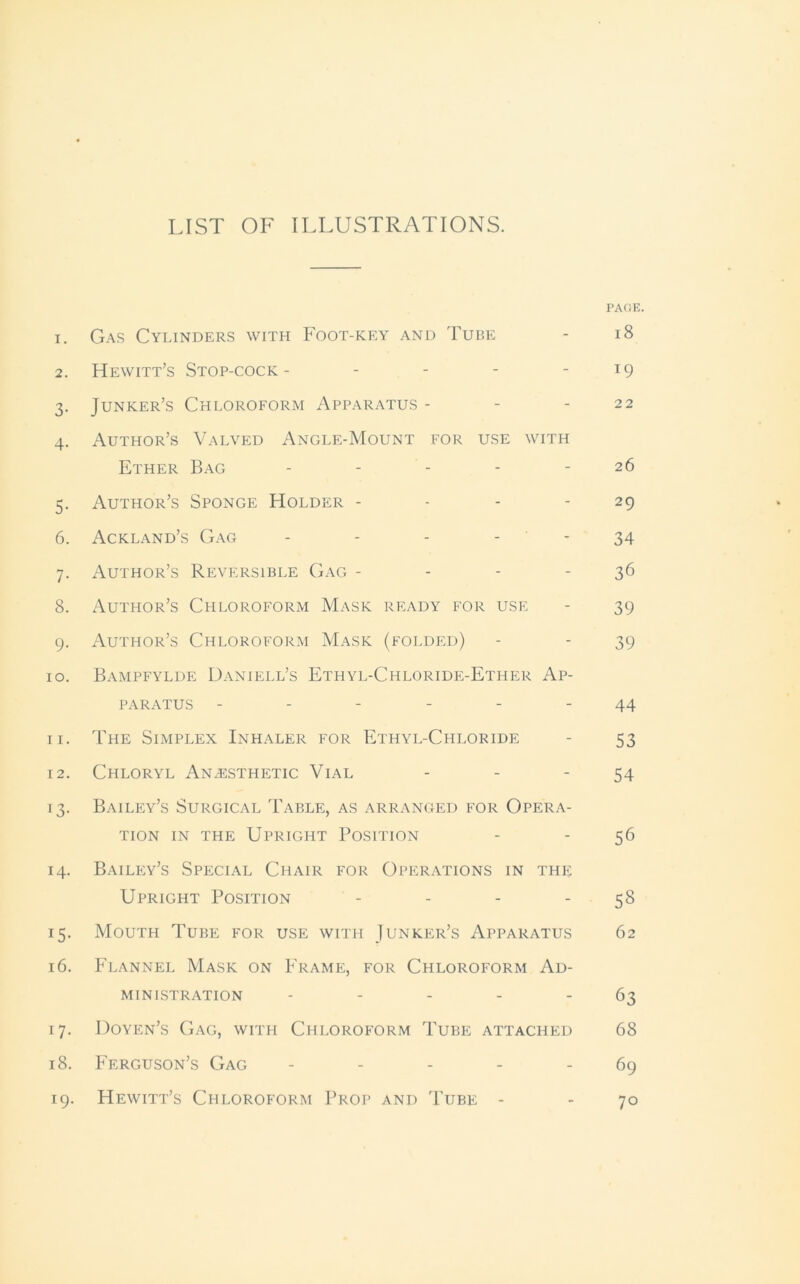 LIST OF ILLUSTRATIONS. PAGE. 1. Gas Cylinders with Foot-key and Tube - 18 2. Hewitt’s Stop-cock- - - - - 19 3. Junker’s Chloroform Apparatus - - - 22 4. Author’s Valved Angle-Mount for use with Ether Bag - - - - - 26 5. Author’s Sponge Holder - - - - 29 6. Ackland’s Gag - - - - - 34 7. Author’s Reversible Gag - - - 36 8. Author’s Chloroform Mask ready for use - 39 9. Author’s Chloroform Mask (folded) - - 39 10. Bampfylde Daniell’s Ethyl-Chloride-Ether Ap- paratus ------ 44 11. The Simplex Inhaler for Ethyl-Chloride - 53 12. Chloryl Anaesthetic Vial - - - 54 13. Bailey’s Surgical Table, as arranged for Opera- tion in the Upright Position - - 56 14. Bailey’s Special Chair for Operations in the Upright Position - - - 58 15. Mouth Tube for use with Junker’s Apparatus 62 16. Flannel Mask on Frame, for Chloroform Ad- ministration - - - - 63 17. Doyen’s Gag, with Chloroform Tube attached 68 18. Ferguson’s Gag - - - - 69 19. Hewitt’s Chloroform Prop and Tube - - 70