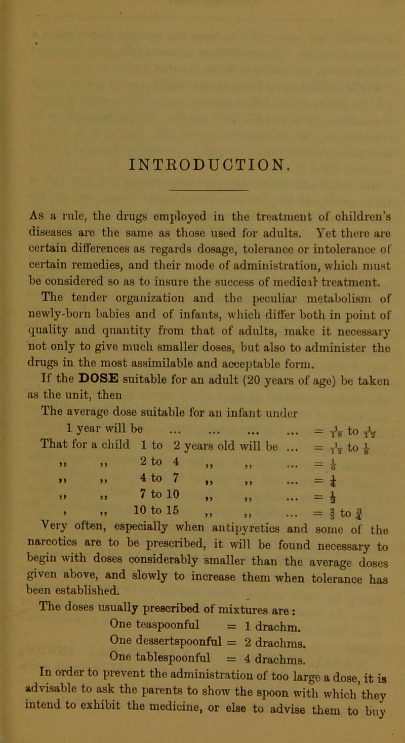 INTRODUCTION. As a rule, the drugs employed in the treatment of children’s diseases are the same as those used for adults. Yet there are certain differences as regards dosage, tolerance or intolerance of certain remedies, and their mode of administration, which must be considered so as to insure the success of medical treatment. The tender organization and the peculiar metabolism of newly-born babies and of infants, which differ both in point of quality and quantity from that of adults, make it necessary not only to give much smaller doses, but also to administer the drugs in the most assimilable and acceptable form. If the DOSE suitable for an adult (20 years of age) be taken as the unit, then The average dose suitable for an infant under 1 year will be = tV to iV That for a child 1 to 2 years old will be ... — tV to ’ » -» 2 to 4 — i »> >> 4 to 7 „ ,, = i >> >> ^ to 10 ,, ,, ... - i > >> 10 to 15 ,, ,, = * to 2 Very often, especially when antipyreties and some of the narcotics are to be prescribed, it will be found necessary to begin with doses considerably smaller than the average doses given above, and slowly to increase them when tolerance has been established. The doses usually prescribed of mixtures are : One teaspoonful = 1 drachm. One dessertspoonful = 2 drachms. One tablespoonful = 4 drachms. In order to prevent the administration of too large a dose, it is advisable to ask the parents to show the spoon with which they intend to exhibit the medicine, or else to advise them to buy