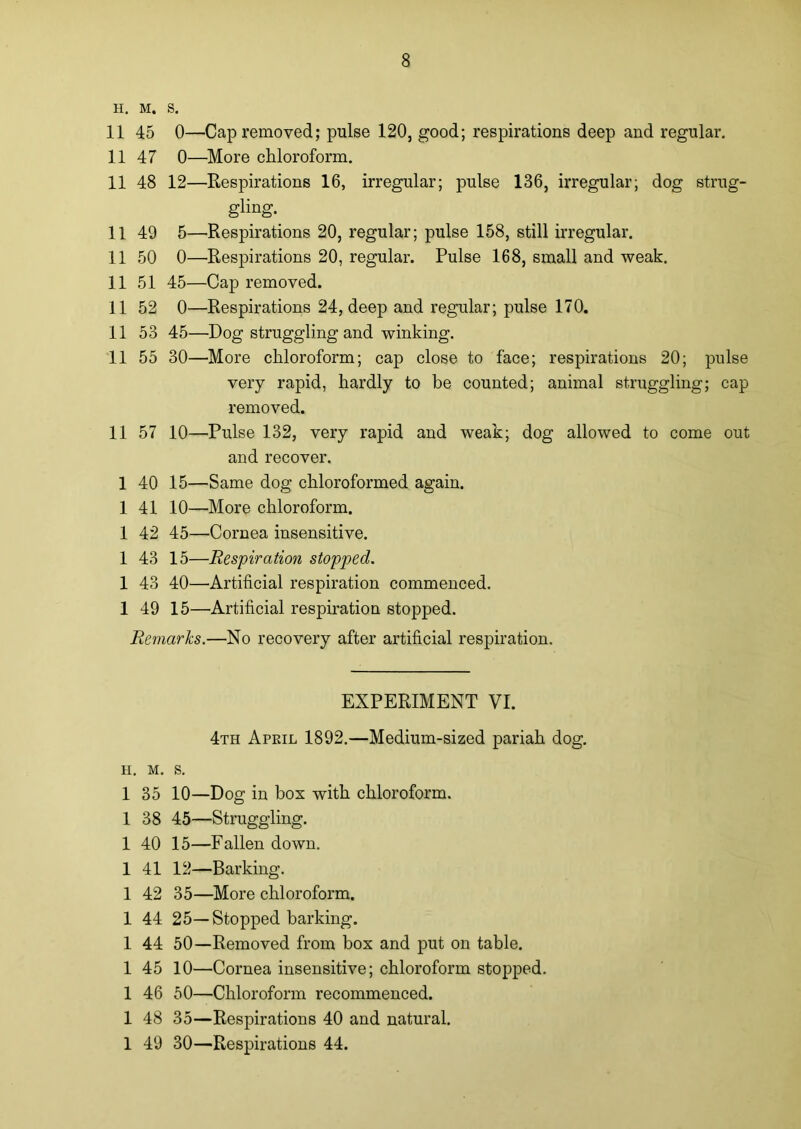 H. M. S. 11 45 0—Cap removed; pulse 120, good; respirations deep and regular. 11 47 0—More chloroform. 11 48 12—Respirations 16, irregular; pulse 136, irregular; dog strug- gling. 11 49 5—Respirations 20, regular; pulse 158, still irregular. 11 50 0—Respirations 20, regular. Pulse 168, small and weak. 11 51 45—Cap removed. 11 52 0—Respirations 24, deep and regular; pulse 170. 11 53 45—Dog struggling and winking. 11 55 30—More chloroform; cap close to face; respirations 20; pulse very rapid, hardly to be counted; animal struggling; cap removed. 11 57 10—Pulse 132, very rapid and weak; dog allowed to come out and recover. 1 40 15—Same dog chloroformed again. 1 41 10—More chloroform. 1 42 45—Cornea insensitive. 1 43 15—Respiration stopped. 1 43 40—Artificial respiration commenced. 1 49 15—Artificial respiration stopped. Remarks.—No recovery after artificial respiration. EXPERIMENT VI. 4th April 1892.—Medium-sized pariah dog. h. m. s. 1 35 10—Dog in bos with chloroform. 1 38 45—Struggling. 1 40 15—Fallen down. 1 41 12—Barking. 1 42 35—More chloroform. 1 44 25—Stopped harking. 1 44 50—Removed from box and put on table. 1 45 10—Cornea insensitive; chloroform stopped. 1 46 50—Chloroform recommenced. 1 48 35—Respirations 40 and natural. 1 49 30—Respirations 44.