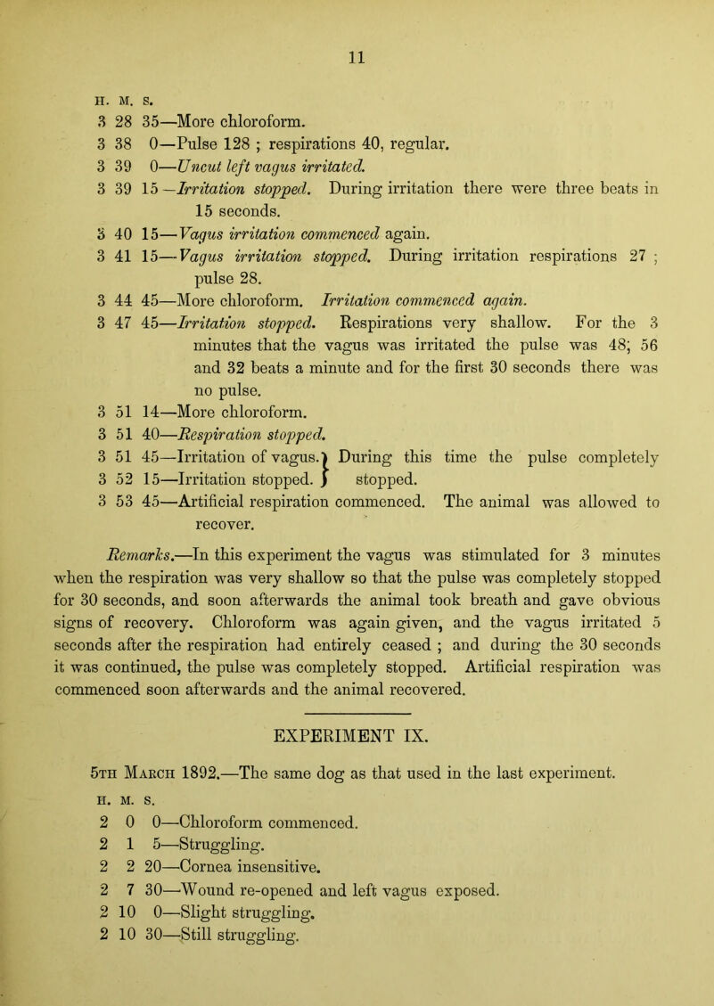 H. M. S. 3 28 35—More chloroform. 3 38 0—Pulse 128 ; respirations 40, regular. 3 39 0—Uncut left vagus irritated. 3 39 lb—Irritation stopped. During irritation there were three beats in 15 seconds. 3 40 15—Vagus irritation commenced again. 3 41 15—Vagus irritation stopped. During irritation respirations 27 ; pulse 28. 3 44 45—More chloroform. Irritation commenced again. 3 47 45—Irritation stopped. Respirations very shallow. For the 3 minutes that the vagus was irritated the pulse was 48; 56 and 32 beats a minute and for the first 30 seconds there was no pulse. 3 51 14—More chloroform. 3 51 40—Respiration stopped. 3 51 45—Irritation of vagus. 1 During this time the pulse completely 3 52 15—Irritation stopped. ) stopped. 3 53 45—Artificial respiration commenced. The animal was allowed to recover. Remarks.—In this experiment the vagus was stimulated for 3 minutes when the respiration was very shallow so that the pulse was completely stopped for 30 seconds, and soon afterwards the animal took breath and gave obvious signs of recovery. Chloroform was again given, and the vagus irritated 5 seconds after the respiration had entirely ceased ; and during the 30 seconds it was continued, the pulse was completely stopped. Artificial respiration was commenced soon afterwards and the animal recovered. EXPERIMENT IX. 5th March 1892.—The same dog as that used in the last experiment. h. m. s. 2 0 0—Chloroform commenced. 2 1 5—Struggling. 2 2 20—Cornea insensitive. 2 7 30—'Wound re-opened and left vagus exposed. 2 10 0—Slight struggling. 2 10 30—Still struggling.