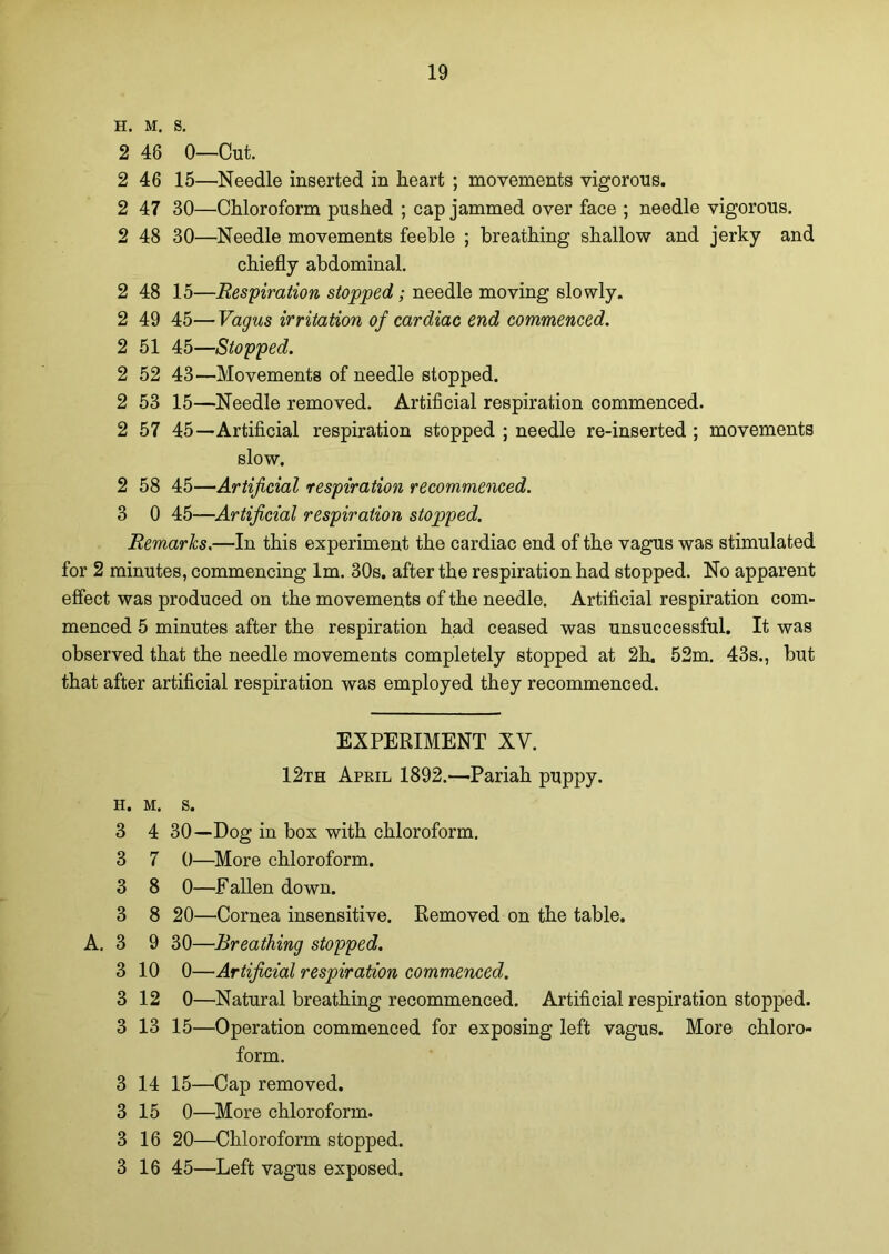 H. M. S. 2 46 0—Cut. 2 46 15—Needle inserted in heart ; movements vigorous. 2 47 30—Chloroform pushed ; cap jammed over face ; needle vigorous. 2 48 30—Needle movements feeble ; breathing shallow and jerky and chiefly abdominal. 2 48 15—Respiration stopped; needle moving slowly. 2 49 45—Vagus irritation of cardiac end commenced. 2 51 45—Stopped. 2 52 43—Movements of needle stopped. 2 53 15—Needle removed. Artificial respiration commenced. 2 57 45—Artificial respiration stopped ; needle re-inserted ; movements slow. 2 58 45—Artificial respiration recommenced. 3 0 45—Artificial respiration stopped. Remarks.—In this experiment the cardiac end of the vagus was stimulated for 2 minutes, commencing lm. 30s. after the respiration had stopped. No apparent effect was produced on the movements of the needle. Artificial respiration com- menced 5 minutes after the respiration had ceased was unsuccessful. It was observed that the needle movements completely stopped at 2h. 52m. 43s., but that after artificial respiration was employed they recommenced. EXPERIMENT XV. 12th April 1892.—Pariah puppy. h. m. s. 3 4 30—Dog in box with chloroform. 3 7 0—More chloroform. 3 8 0—Fallen down. 3 8 20—Cornea insensitive. Removed on the table. A. 3 9 30—Breathing stopped. 3 10 0—Artificial respiration commenced. 3 12 0—Natural breathing recommenced. Artificial respiration stopped. 3 13 15—Operation commenced for exposing left vagus. More chloro- form. 3 14 15—Cap removed. 3 15 0—More chloroform. 3 16 20—Chloroform stopped. 3 16 45—Left vagus exposed.