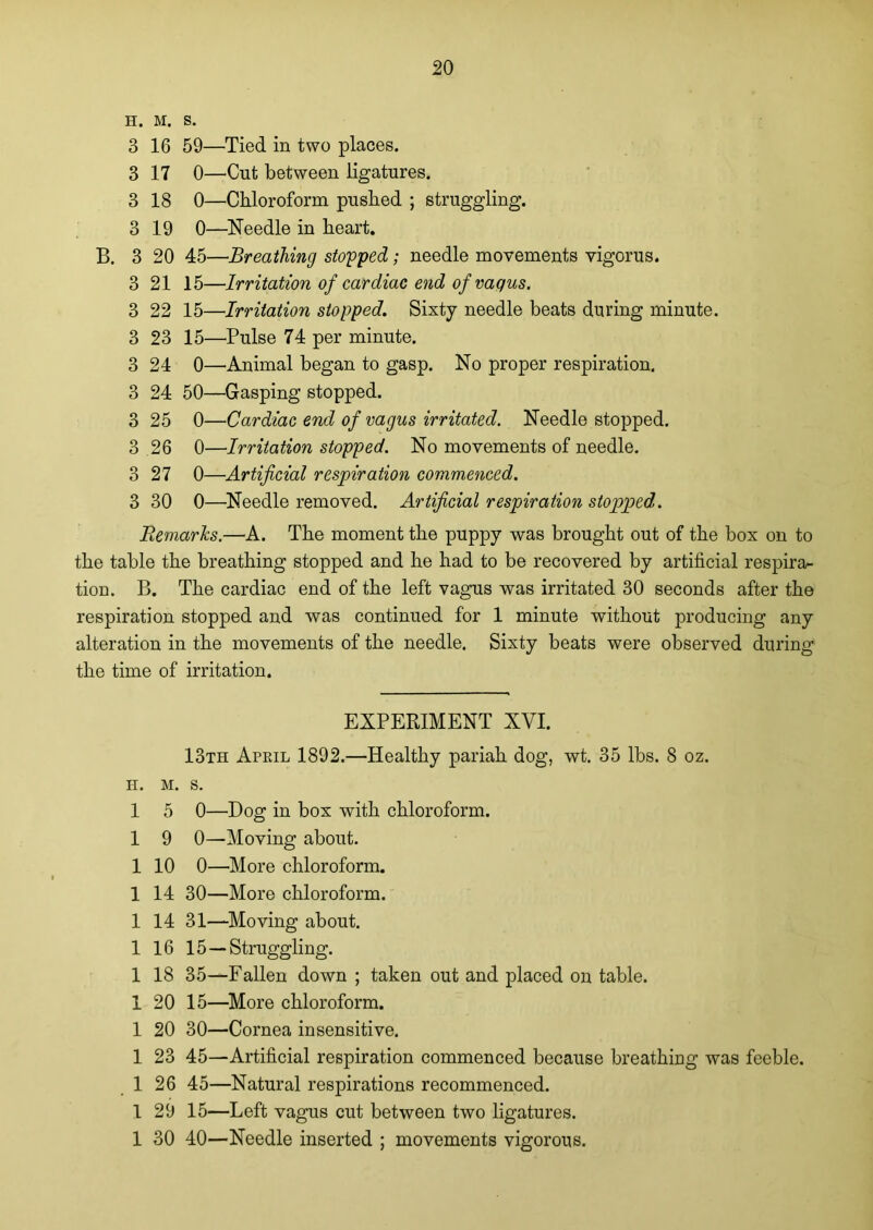 H. M. S. 3 16 59—Tied in two places. 3 17 0—Cut between ligatures. 3 18 0—Chloroform pushed ; struggling. 3 19 0—Needle in heart. B. 3 20 45—Breathing stopped; needle movements vigorus. 3 21 15—Irritation of cardiac end of vagus. 3 22 15—Irritation stopped. Sixty needle beats during minute. 3 23 15—Pulse 74 per minute. 3 24 0—Animal began to gasp. No proper respiration. 3 24 50—Gasping stopped. 3 25 0—Cardiac end of vagus irritated. Needle stopped. 3 26 0—Irritation stopped. No movements of needle. 3 27 0—Artificial respiration commenced. 3 30 0—Needle removed. Artificial respiration stopped. Remarks.—A. The moment the puppy was brought out of the box on to the table the breathing stopped and he had to be recovered by artificial respira- tion. B. The cardiac end of the left vagus was irritated 30 seconds after the respiration stopped and was continued for 1 minute without producing any alteration in the movements of the needle. Sixty beats were observed during the time of irritation. EXPERIMENT XVI. 13th April 1892.—Healthy pariah dog, wt. 35 lbs. 8 oz. h. m. s. 1 5 0—Dog in box with chloroform. 1 9 0—Moving about. 1 10 0—More chloroform. 1 14 30—More chloroform. 1 14 31—Moving about. 1 16 15—Struggling. 1 18 35—Fallen down ; taken out and placed on table. 1 20 15—More chloroform. 1 20 30—Cornea insensitive. 1 23 45—Artificial respiration commenced because breathing was feeble. 1 26 45—Natural respirations recommenced. 1 29 15—Left vagus cut between two ligatures. 1 30 40—Needle inserted ; movements vigorous.