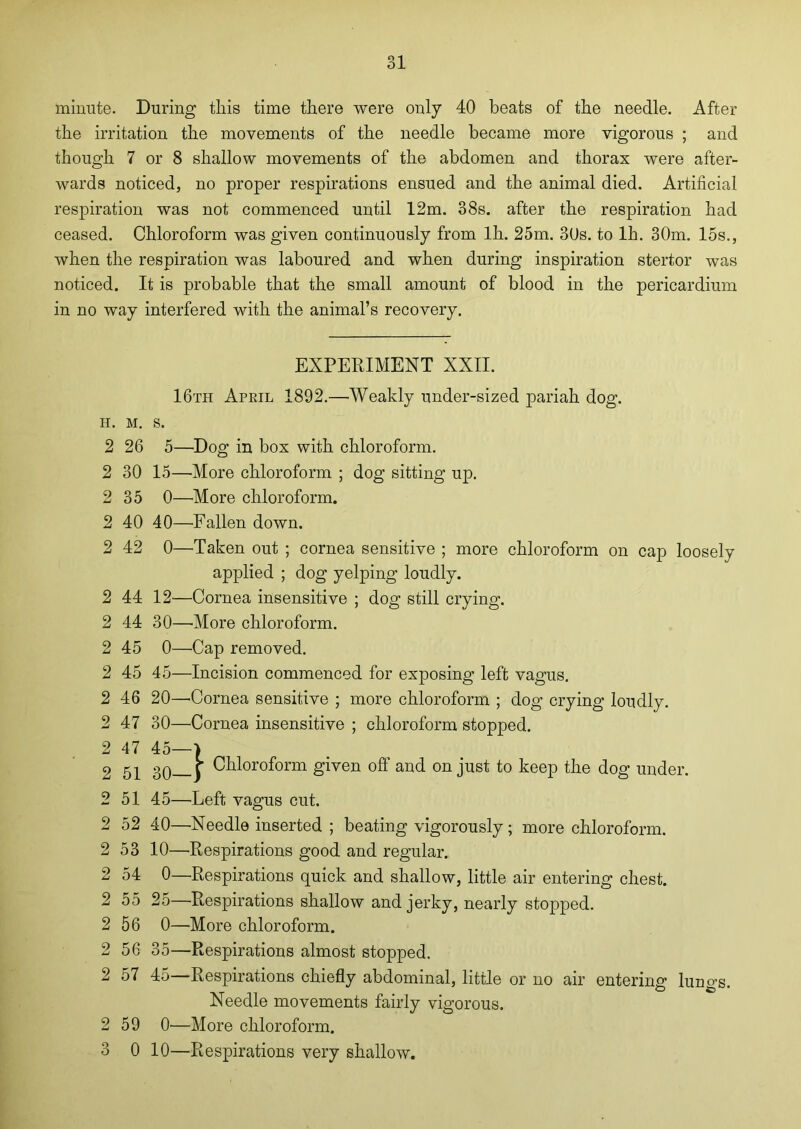 minute. During this time there were only 40 beats of the needle. After the irritation the movements of the needle became more vigorous ; and though 7 or 8 shallow movements of the abdomen and thorax were after- wards noticed, no proper respirations ensued and the animal died. Artificial respiration was not commenced until 12m. 38s. after the respiration had ceased. Chloroform was given continuously from lh. 25m. 3(Js. to lh. 30m. 15s., when the respiration was laboured and when during inspiration stertor was noticed. It is probable that the small amount of blood in the pericardium in no way interfered with the animal’s recovery. H. M. 2 26 2 30 2 35 2 40 2 42 2 44 2 44 2 45 2 45 2 46 2 47 2 47 2 51 2 51 2 52 2 53 2 54 2 55 2 56 2 56 2 57 2 59 3 0 EXPERIMENT XXII. 16th April 1892.—Weakly under-sized pariah dog. s. 5—Dog in box with chloroform. 15—More chloroform ; dog sitting up. 0—More chloroform. 40—-Fallen down. 0—Taken out ; cornea sensitive ; more chloroform on cap loosely applied ; dog yelping loudly. 12—Cornea insensitive ; dog still crying. 30—-More chloroform. 0—-Cap removed. 45—Incision commenced for exposing left vagus. 20—-Cornea sensitive ; more chloroform ; dog crying loudly. 30—Cornea insensitive ; chloroform stopped. 45—■> oq r Chloroform given off and on just to keep the dog under. 45—Left vagus cut. 40—Needle inserted ; beating vigorously ; more chloroform. 10—Respirations good and regular. 0—Respirations quick and shallow, little air entering chest. 25—Respirations shallow and jerky, nearly stopped. 0—More chloroform. 35—Respirations almost stopped. 45—Respirations chiefly abdominal, little or no air entering lungs. Needle movements fairly vigorous. 0—More chloroform. 10—Respirations very shallow.