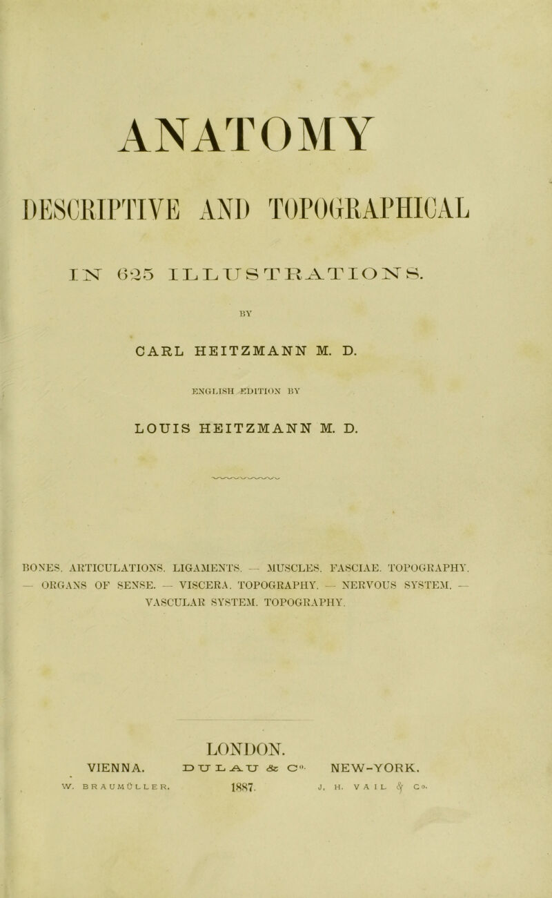 ANATOMY DE80RIPTIVB ANI* TOPORRAPHIOAL 025 ILLTJSTR^^TIONt-;. P3Y CARL HEITZMANN M. D. ENGLISH EDITION BY LOUIS HEITZMANN M. D. BONES. ARTICULATIONS. LIGAMENTS. — MUSCLES. FASCIAE. TOPOGRAPHY. — ORGANS OF SENSE. — VISCERA. TOPOGRAPHY. — NERVOUS SYSTEM. — VASCULAR SYSTEM. TOPOGRAPHY. VIENNA. LONDON. r)XJX.^-CJ Sz O- NEW-YORK. 18<S7. J. H. VAIL CO. W. BRAUMULLER.