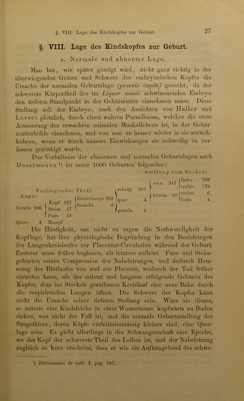 §* VIII. Lage des Kindskopfes zur Geburt. a. Normale und abnorme Lage. Man hat, wie später gezeigt wird, nicht ganz richtig in der überwiegenden Grösse und Schwere des embryonischen Kopfes die Ursache der normalen Geburtslage (praevio capile) gesucht, da der schwerste Körpertheil des im Liquor ainnii schwimmenden Embryo den tiefsten Standpunkt in der Gebärmutter einnehmen muss. Diese Stellung soll der Embryo, nach den Ansichten von Haller und Levret plötzlich, durch einen wahren Purzelbaum, welcher die erste Aeusserung des erwachten animalen Muskellebens ist, in der Gebär- mutterhöhle einnehmen, und von nun an immer wieder in sie zurück- kehren, wenn er durch äussere Einwirkungen sie zeitweilig zu ver- lassen genöthigt wurde. Das Verhältniss der abnormen und normalen Geburtslagen nach Deso rmeaux ‘) ist unter 1000 Geburten folgendes: Stellung zum liecken: Vorliegender T h e i 1: Lage: schräg 957 Gerade 996 steiss 17 ( Fass 12 Quere 4 Rumpf lHinterliaupt 962 /ouer Kopf 967 gerade llink.s vorn [rechts Iiinteu jQ j rechts (links 768 179 6 4 Die Häufigkeit, um nicht zu sagen die Nothwendigkeit der Kopflage, hat ihre physiologische Begründung in den Beziehungen des Lungenkreislaufes zur Placentar-Circulation während der Geburt. Ersterer muss früher beginnen, als letztere aufhört. Fuss- und 8teiss- geburten setzen Compression des Nabelstranges, und dadurch Hem- mung des Blutlaufes von und zur Placenta, wodurch der Tod früher eintreten kann, als das zuletzt und langsam erfolgende Gebären des Kopfes, dem ins Stocken gerathenen Kreislauf eine neue Bahn durch die respirirenden Lungen öffnet. Die Schwere des Kopfes kann nicht die Ursache seiner tieferen Stellung sein. Wäre sie dieses, so müsste eine Kindsleiche in einer Wassertonne kopfwärts zu Boden sinken, was nicht der Fall ist, und die normale Geburtsstellung der Säugethiere, deren Köpfe verhältnissmässig kleiner sind, eine Quer- lage sein. Es giebt allerdings in der Schwangerschaft eine Epoche, wo der Kopf der schwerste Theil des Leibes ist, und der Nabelstrang zugleich so kurz erscheint, dass er wie ein Aufhängeband des schwe- ') Dictionnaire de med. I. pag. 187.