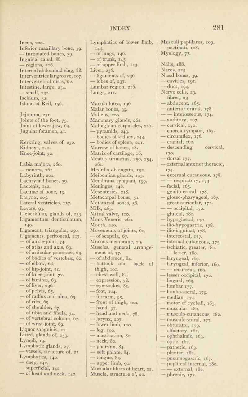 Incus, 200. Inferior maxillary bone, 39. — turbinated bones, 39. Inguinal canal, 88. — regions, 216. Internal abdominal ring, 88. Interventriculargroove, 107. Intervertebral discs, 62. Intestine, large, 234. — small, 230. Ischium, 52. Islat>d of Reil, 156. Jejunum, 231. Joints of the foot, 75. Joint of lower jaw, 64. Jugular foramen, 41. Kerkring, valves of, 232. Kidneys, 241. Knee-joint, 72. Labia majora, 260. — minora, 261. Labyrinth, 201. Lachrymal bones, 39. Lacteals, 142. Lacunse of bone, 19. Larynx, 205. Lateral ventricles, 157. Levers, 93. Lieberkiihn, glands of, 233. Ligamentum denticulatum, 14,9. Ligament, triangular, 250. Ligaments, peritoneal, 217. — of ankle-joint, 74. — of atlas and axis, 63. — of articular processes, 63. — of bodies of vertebrae, 62. — of elbow, 68. — of hip-joint, 71. — of knee-joint, 72. — of laminae, 63. — of liver, 236. — of pelvis, 65. — of radius and ulna, 69. — of ribs, 65. — of shoulder, 67. — of tibia and fibula, 74. — of vertebral column, 62. — of wrist-joint, 69. Liquor sanguinLs, 12. Littre, glands of, 253. Lymph, 13. Lymphatic glands, 27. — vessels, structure of, 27. Lymphatics, 142. — deep, 142. — superficial, 142. — of head and neck, 142. Lymphatics of lower limb, 144. — of lungs, 146. — of trunk, 145. — of upper limb, 143. Liver, 236. — ligaments of, 236. — lobes of, 237. Lumbar region, 216. Lungs, 211. Macula lutea, 196. Malar bones, 39. Malleus, 200. Mammary glands, 262. Malpighian corpuscles, 241. — pyramids, 243. — bodies of kidney, 244. — bodies of spleen, 241. Marrow of bones, 18. Matrix of cartilage, 16. Meatus urinarius, 250, 254, 261. Medulla oblongata, 152. Meibomian glands, 193. Membrana tympani, 199. Meninges, 148. Mesenteries, 218. Metacarpal bones, 51. Metatarsal bones, 58. Milk, 263. Mitral valve, no. Mons Veneris, 260. Mouth, 220. Movements of joints, 61. — of scapula, 67. Mucous membrane, 29. Muscles, general arrange- ment of, 77. — of abdomen, 84. — buttock and back of thigh, loi. — chest-wall, 84. — expression, 78. — eye-socket, 8i. — foot, 104. — forearm, 95. — front of thigh, 100. ■— hand, 97. — head and neck, 78. — larynx, 207. — lower limb, 100. — leg, 102. — mastication, 80. — neck, 82. — pharynx, 84. — soft palate, 84. — tongue, 83. — upper limb, 90. Muscular fibres of heart, 22. Muscle, structure of, 20. Musculi papillares, 109. — pectinati, 108. Myology, 77. Nails, 188. Nares, 225. Nasal bones, 39. — cavities, 191. — duct, 194. Nerve cells, 23. — fibres, 23. — abducent, 165. — anterior crural, 178. interosseous, 174. — auditory, 167. — cervical, 170. — chorda tympani, 165. — circumflex, 176. — cranial, 162. — de.scending cervical, 170. — dorsal 177. — external anterior thoracic, 174. — external cutaneous, 178. respiratory, 173. — facial, 165. — genito-crural, 178. — glosso-pharyngeal, 167. — great auricular, 172. occipital, 172. — gluteal, 180. — hypoglossal, 170. — ilio-hypogastric, 178. — ilio-inguinal, 178. — intercostal, 177. — internal cutaneous, 175. — ischiatic, greater, 180. lesser, 180. — laryngeal, 169. — laryngeal, inferior, 169. recurrent, 169. — lesser occipital, 172. — lingual, 165. — lumbar 177. — lumbo-sacral, 179. — median, 174. — motor of eyeball, 163. — muscular, 180. ■— musculo-cutaneous, 182. — musculo-spiral, 177. — obturator, 179. — olfactory, 162. — ophthalmic, 163. — optic, 162. — pathetic, 163. — plantar, 182. — pneumogastric, 167. — popliteal internal, 180. external, 182. — phrenic, 172.