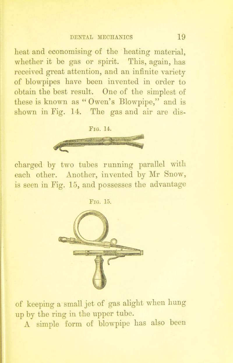heat and economising of the heating material, whether it be gas or spirit. This, again, has received great attention, and an infinite variety of blowpipes have been invented in order to obtain the best result. One of the simplest of these is known as “ Owen’s Blowpipe,” and is shown in Fig. 14. The gas and air are dis- charged by two tubes running parallel with each other. Another, invented by Mr Snow, is seen in Fig. 15, and possesses the advantage of keeping a small jet of gas alight when hung up by the ring in the upper tube. A simple form of blowpipe has also been Fig. 14.