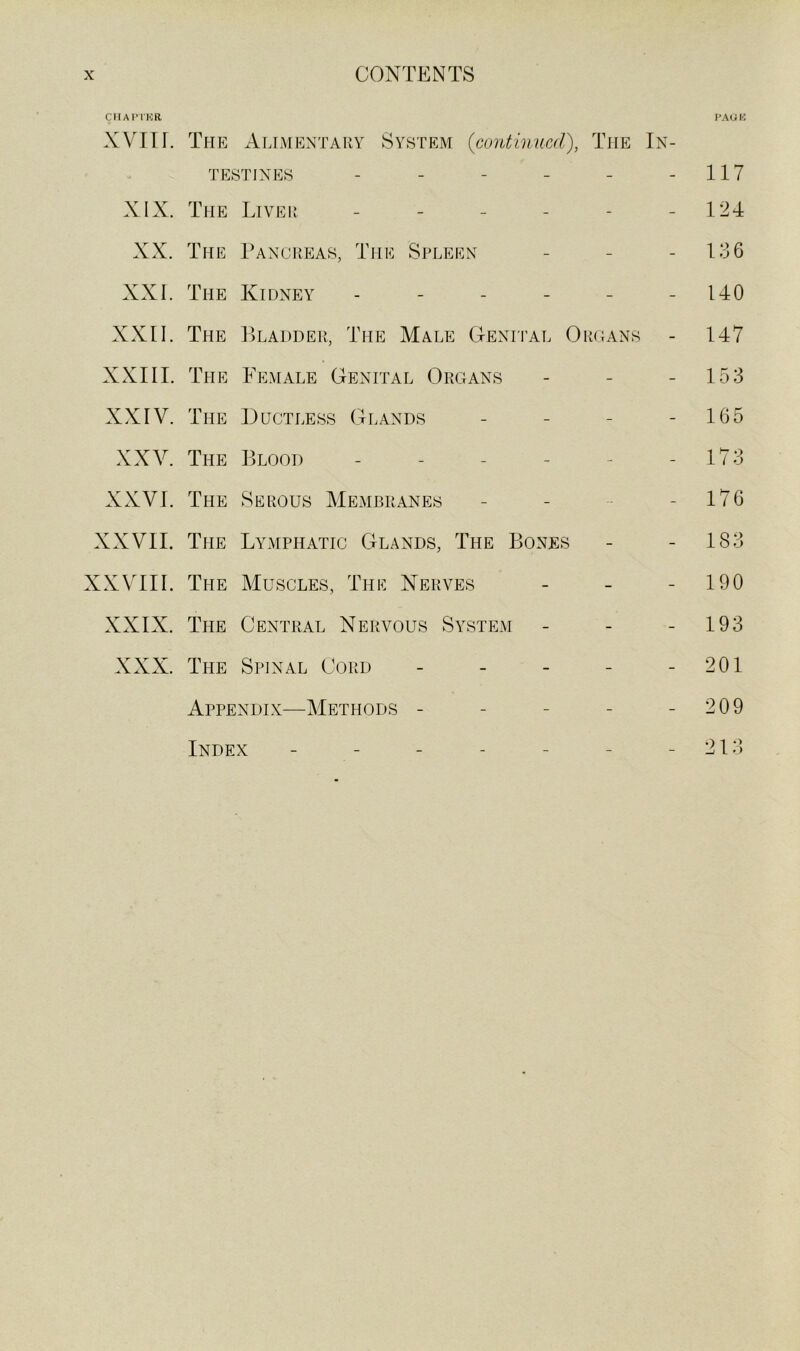 CMAIMKR PAUK XVTir. The Alimentary System {continued), The In- testines - - - - - - 117 XIX. The Liver - - - - - - 124 XX. The Pancreas, The Spleen - - - 136 XXL The Kidney - - - - - - 140 XXII. The Bladder, The Male Genital Orcans - 147 XXIII. The Female Genital Organs - - - 153 XXIV. The Ductless Glands - - - - 165 XXV. The Blood - - - - - - 173 XXVI. The Serous Membranes - - - 176 XXVII. The Lymphatic Glands, The Bones - - 183 XXVIII. The Muscles, The Nerves - - - 190 XXIX. The Central Nervous System - - - 193 XXX. The Spinal Cord - - - - - 201 Appendix—VIethods - - - - - 209 Index - - - - - - - 213