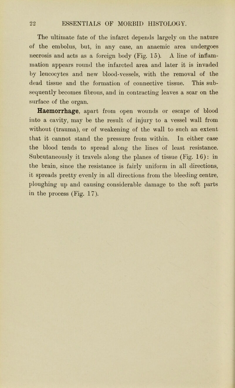 The ultimate fate of the infarct depends largely on the nature of the embolus, but, in any case, an anaemic area undergoes necrosis and acts as a foreign body (Fig. 15). A line of inflam- mation appears round the infarcted area and later it is invaded by leucocytes and new blood-vessels, with the removal of the dead tissue and the formation of connective tissue. This sub- sequently becomes fibrous, and in contracting leaves a scar on the surface of the organ. Haemorrhage, apart from open wounds or escape of blood into a cavity, may be the result of injury to a vessel wall from without (trauma), or of weakening of the wall to such an extent that it cannot stand the pressure from within. In either case the blood tends to spread along the lines of least resistance. Subcutaneously it travels along the planes of tissue (Fig. 16): in the brain, since the resistance is fairly uniform in all directions, it spreads pretty evenly in all directions from the bleeding centre, ploughing up and causing considerable damage to the soft parts in the process (Fig. 17).