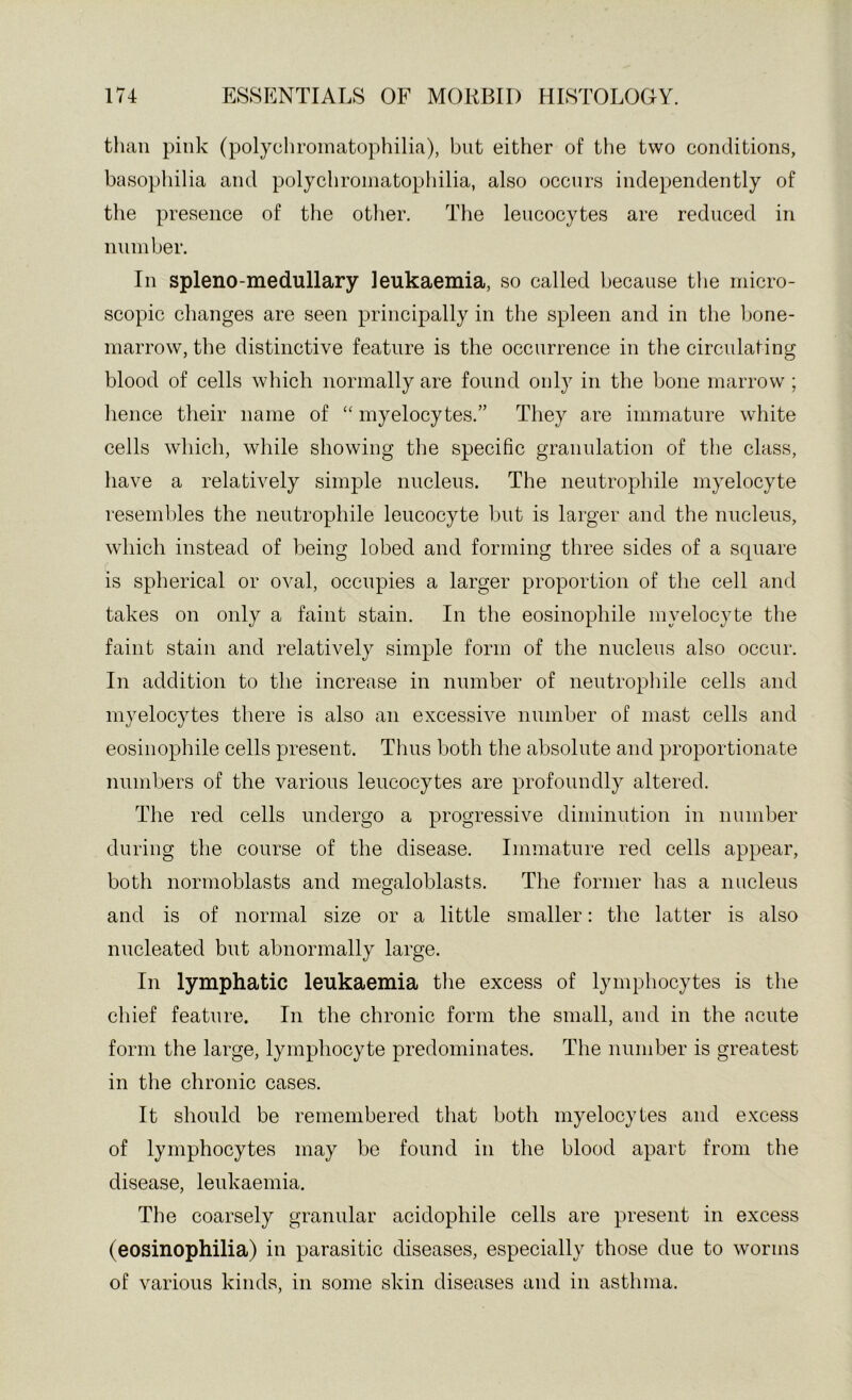 than pink (polycliroinatophilia), but either of the two conditions, basophilia and polychroinatopliilia, also occurs independently of the presence of the other. The leucocytes are reduced in nninber. In spleno-medullary leukaemia, so called because the micro- scopic changes are seen principally in the spleen and in the bone- marrow, the distinctive feature is the occurrence in the circulating blood of cells which normally are found only in the bone marrow ; hence their name of “ myelocytes.” They are immature white cells which, while showing the specific granulation of the class, have a relatively simple nucleus. The neutrophile myelocyte resembles the neutrophile leucocyte but is larger and the nucleus, which instead of being lobed and forming three sides of a scpiare is spherical or oval, occupies a larger proportion of the cell and takes on only a faint stain. In the eosinophile myelocyte the faint stain and relatively simple form of the nucleus also occur. In addition to the inerease in number of neutrophile cells and myelocytes there is also an excessive number of mast cells and eosinophile cells present. Tims both the absolute and proportionate numbers of the various leucocytes are profoundly altered. The red cells undergo a progressive diminution in number during the course of the disease. Immature red cells appear, both normoblasts and megaloblasts. The former has a nucleus and is of normal size or a little smaller: the latter is also nucleated but abnormally large. In lymphatic leukaemia the excess of lymphocytes is the chief feature. In the chronic form the small, and in the acute form the large, lymphocyte predominates. The number is greatest in the chronic cases. It should be remembered that both myeloeytes and excess of lymphoeytes may be found in the blood apart from the disease, leukaemia. The coarsely granular acidophile cells are present in excess (eosinophilia) in parasitic diseases, especially those due to worms of various kinds, in some skin diseases and in asthma.