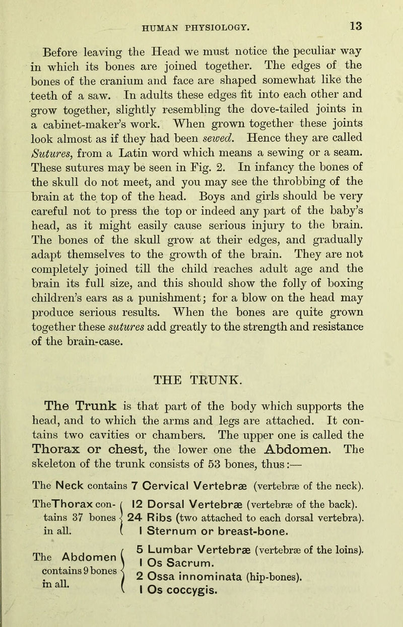 Before leaving the Head we must notice the peculiar way- in which its bones are joined together. The edges of the bones of the cranium and face are shaped somewhat like the teeth of a saw. In adults these edges fit into each other and grow together, slightly resembling the dove-tailed joints in a cabinet-maker’s work. When grown together these joints look almost as if they had been sewed. Hence they are called Sutures, from a Latin word which means a sewing or a seam. These sutures may be seen in Fig. 2. In infancy the bones of the skull do not meet, and you may see the throbbing of the brain at the top of the head. Boys and girls should be very careful not to press the top or indeed any part of the baby’s head, as it might easily cause serious injury to the brain. The bones of the skull grow at their edges, and gradually adapt themselves to the growth of the brain. They are not completely joined till the child reaches adult age and the brain its full size, and this should show the folly of boxing children’s ears as a punishment; for a blow on the head may produce serious results. When the bones are quite grown together these sutures add greatly to the strength and resistance of the brain-case. THE TBUNK. The Trunk is that part of the body which supports the head, and to which the arms and legs are attached. It con- tains two cavities or chambers. The upper one is called the Thorax or chest, the lower one the Abdomen. The skeleton of the trunk consists of 53 bones, thus:— The Neck contains 7 Cervical Vertebrae (vertebrae of the neck). TheThorax con- ( 12 Dorsal Vertebrae (vertebrae of the back), tains 37 bones < 24 Ribs (two attached to each dorsal vertebra). in all. ( I Sternum or breast-bone. The Abdomen contains 9 bones m all. 5 Lumbar Vertebrae (vertebrae of the loins). 1 Os Sacrum. 2 Ossa innominata (hip-bones). I Os coccygis.