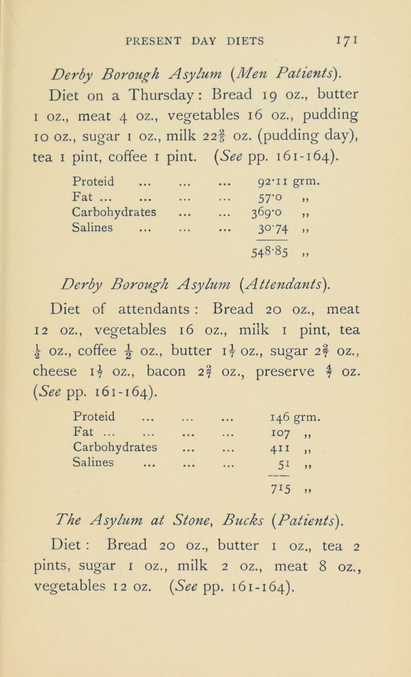 Derby Borough Asylum (Men Patients). Diet on a Thursday : Bread 19 oz., butter 1 oz., meat 4 oz., vegetables 16 oz., pudding 10 oz., sugar 1 oz., milk 22§ oz. (pudding day), tea 1 pint, coffee 1 pint. (See pp. 161-164). Proteid 92*11 grm. Fat ... 57'o „ Carbohydrates 369*0 „ Salines 3°'74 » 548'85 » Derby Borough Asylum (Attendants}. Diet of attendants : Bread 20 oz., meat 12 oz., vegetables 16 oz., milk 1 pint, tea £ oz., coffee ^ oz., butter iy oz., sugar 27 oz., cheese D oz., bacon 27 oz., preserve 7 oz. (See pp. 161-164). Proteid 146 grm. Fat 107 „ Carbohydrates 411 „ Salines 51 » 7J5 »> The Asylum at Stone, Bucks (Patients). Diet : Bread 20 oz., butter 1 oz., tea 2 pints, sugar 1 oz., milk 2 oz., meat 8 oz., vegetables 12 oz. (See pp. 161-164).