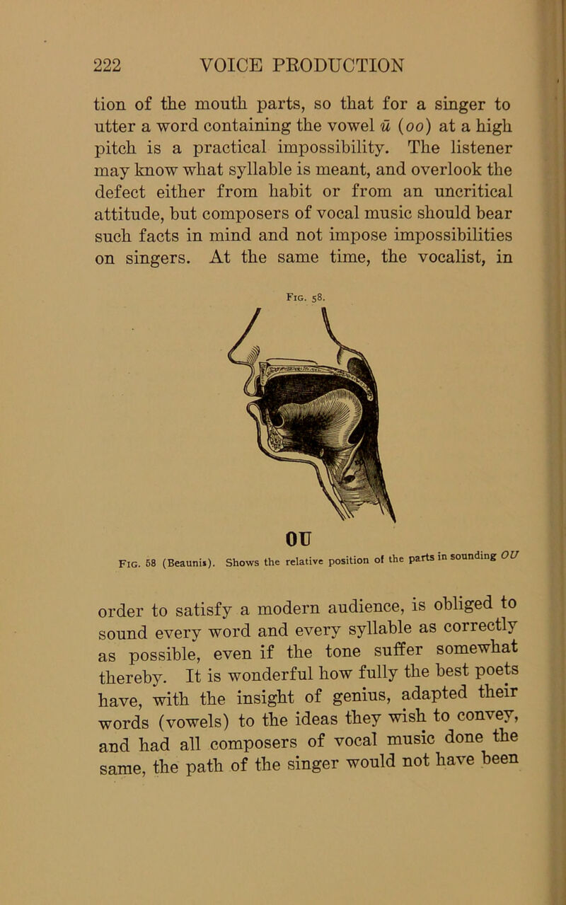 tion of the mouth parts, so that for a singer to utter a word containing the vowel u (oo) at a high pitch is a practical impossibility. The listener may know what syllable is meant, and overlook the defect either from habit or from an uncritical attitude, but composers of vocal music should bear such facts in mind and not impose impossibilities on singers. At the same time, the vocalist, in Fig. 58. ou Fig. 58 (Beaunii). Shows the relative position of the parts in sounding OU order to satisfy a modern audience, is obliged to sound every word and every syllable as coirectly as possible, even if the tone suffer somewhat thereby. It is wonderful how fully the best poets have, with the insight of genius, adapted their words (vowels) to the ideas they wish to convey, and had all composers of vocal music done the same, the path of the singer would not have been