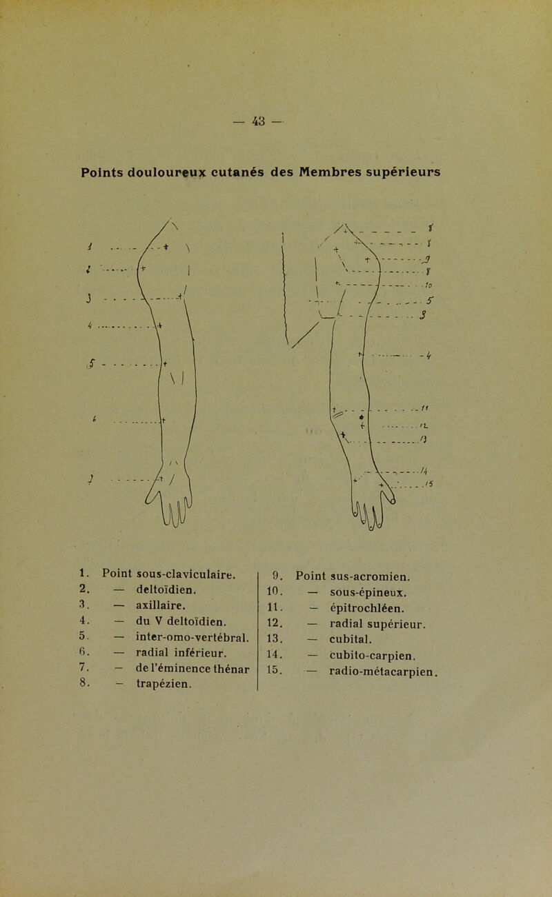 Points douloureux cutanés des Membres supérieurs /\ i ---/- + \ 1. Point sous-claviculaire. 2. — deltoïdien. 3. — axillaire. 4. — du V deltoïdien. 5. — inter-omo-vertébral. 6. — radial inférieur. 7. — de l’éminence thénar 8. — trapézien. 9. Point sus-acromien. 10. — sous-épineux. 11. — épitrochléen. 12. — radial supérieur. 13. — cubital. 14. — cubito-carpien. 15. — radio-métacarpien.