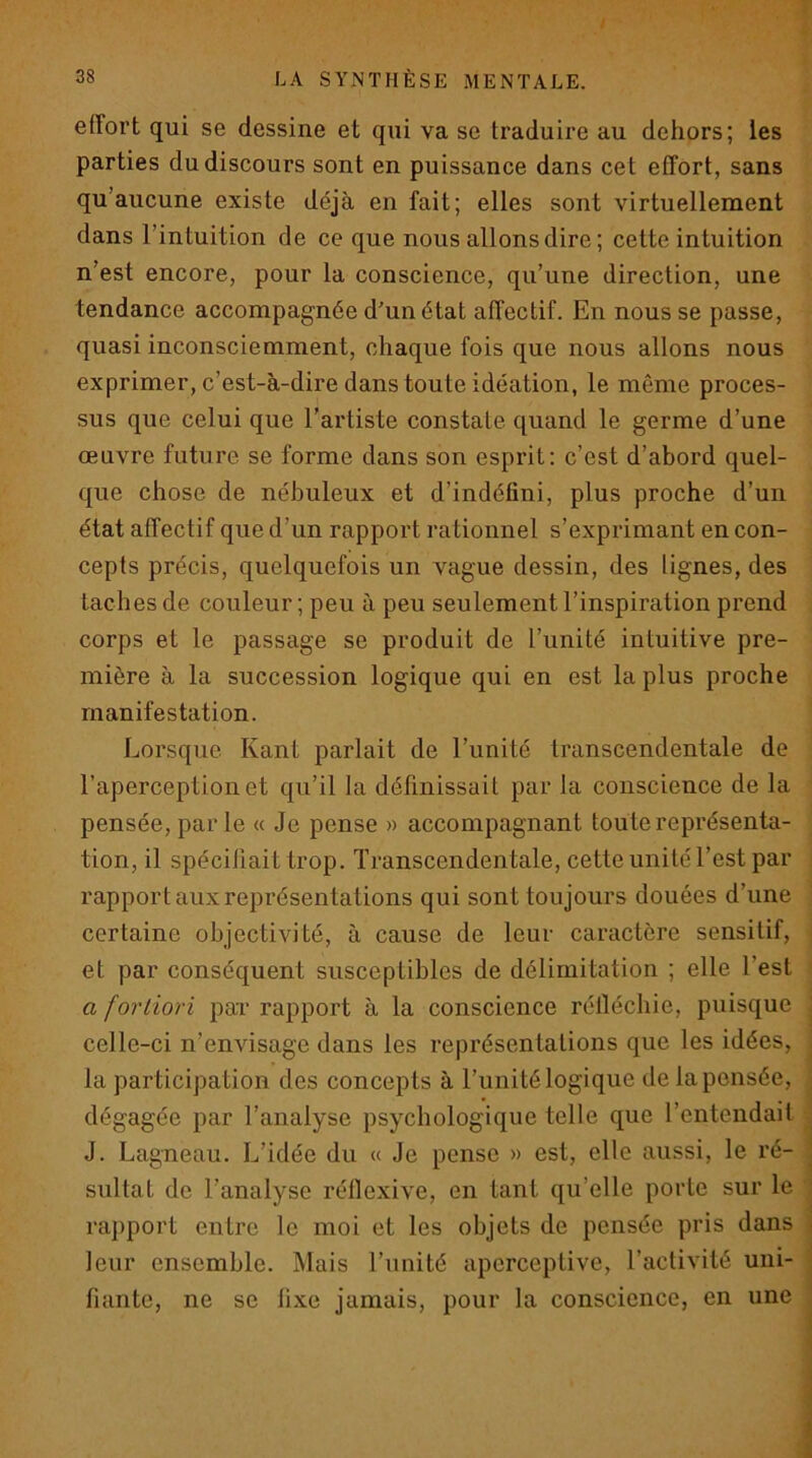 effort qui se dessine et qui va se traduire au dehors; les parties du discours sont en puissance dans cet effort, sans qu’aucune existe déjà en fait; elles sont virtuellement dans l’intuition de ce que nous allons dire; cette intuition n’est encore, pour la conscience, qu’une direction, une tendance accompagnée d'un état affectif. En nous se passe, quasi inconsciemment, chaque fois que nous allons nous exprimer, c’est-à-dire dans toute idéation, le même proces- sus que celui que l’artiste constate quand le germe d’une œuvre future se forme dans son esprit: c’est d’abord quel- que chose de nébuleux et d’indéfini, plus proche d’un état affectif que d’un rapport rationnel s’exprimant en con- cepts précis, quelquefois un vague dessin, des lignes, des taches de couleur ; peu à peu seulement l’inspiration prend corps et le passage se produit de l’unité intuitive pre- mière à la succession logique qui en est la plus proche manifestation. Lorsque Kant parlait de l’unité transcendentale de l’aperceptionet qu’il la définissait par la conscience de la pensée, parle « Je pense » accompagnant toute représenta- tion, il spécifiait trop. Transcendentale, cette unité l’est par rapport aux représentations qui sont toujours douées d’une certaine objectivité, à cause de leur caractère sensitif, et par conséquent susceptibles de délimitation ; elle l’est a fortiori par rapport à la conscience réfléchie, puisque celle-ci n’envisage dans les représentations que les idées, la participation des concepts à l’unité logique de la pensée, dégagée par l’analyse psychologique telle que l’entendait J. Lagneau. L’idée du « Je pense » est, elle aussi, le ré- sultat de l’analyse réflexive, en tant qu’elle porte sur le rapport entre le moi et les objets de pensée pris dans leur ensemble. Mais l’unité upcrceptive, l’activité uni- fiante, ne se fixe jamais, pour la conscience, en une
