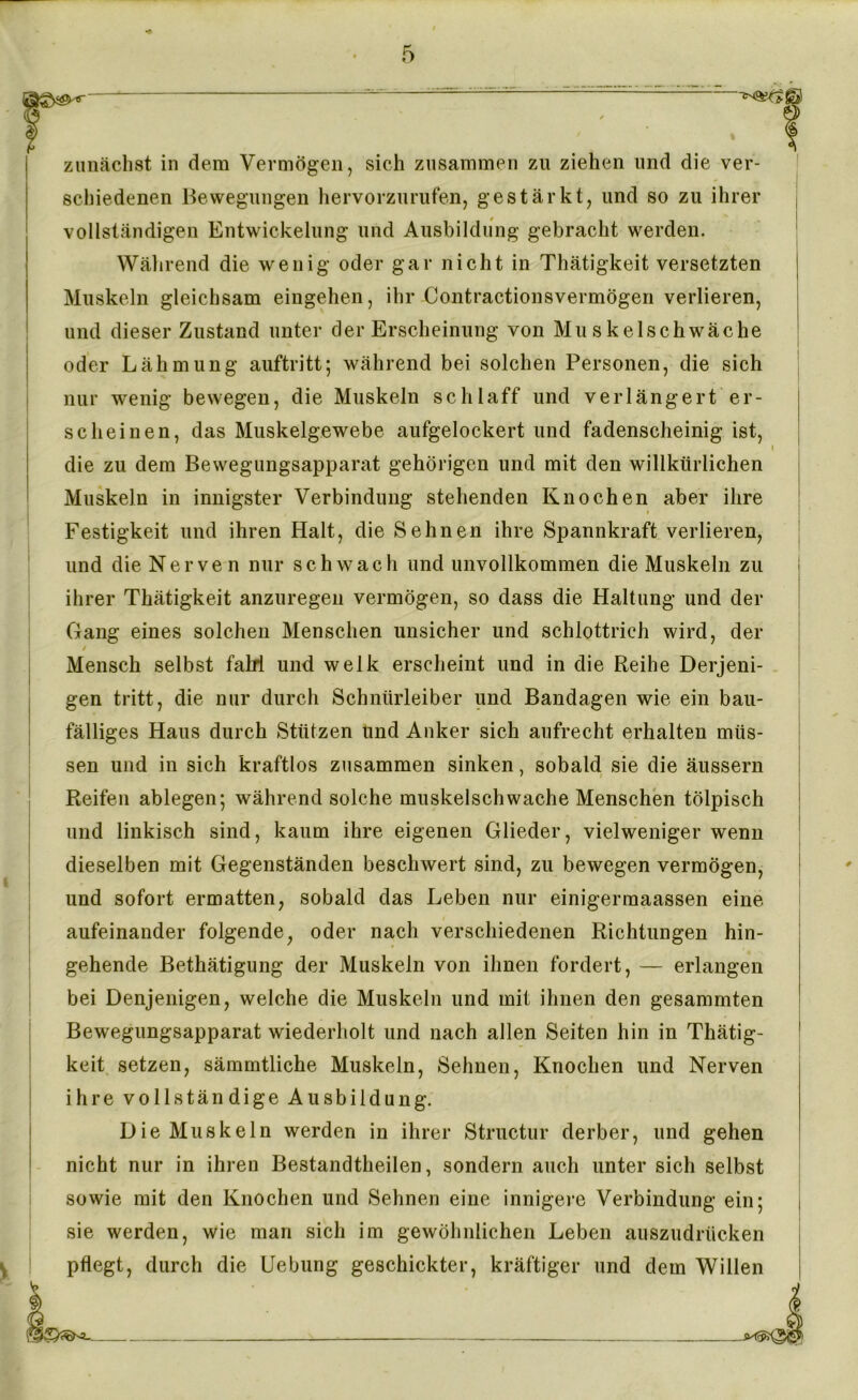 zunächst in dem Vermögen, sich zusammen zu ziehen und die ver- schiedenen Bewegungen hervorzurufen, gestärkt, und so zu ihrer vollständigen Entwickelung und Ausbildung gebracht werden. Während die wenig oder gar nicht in Thätigkeit versetzten Muskeln gleichsam eingehen, ihr Contractionsvermögen verlieren, und dieser Zustand unter der Erscheinung von Muskelschwäche oder Lähmung auftritt; während bei solchen Personen, die sich nur wenig bewegen, die Muskeln schlaff und verlängert er- scheinen, das Muskelgewebe aufgelockert und fadenscheinig ist, die zu dem Bewegungsapparat gehörigen und mit den willkürlichen Muskeln in innigster Verbindung stehenden Knochen aber ihre Festigkeit und ihren Halt, die Sehnen ihre Spannkraft verlieren, und die Nerven nur schwach und unvollkommen die Muskeln zu ihrer Thätigkeit anzuregen vermögen, so dass die Haltung und der Gang eines solchen Menschen unsicher und schlottrich wird, der / Mensch selbst fahl und welk erscheint und in die Reihe Derjeni- gen tritt, die nur durch Schnürleiber und Bandagen wie ein bau- fälliges Haus durch Stützen und Anker sich aufrecht erhalten müs- sen und in sich kraftlos zusammen sinken, sobald sie die äussern Reifen ablegen; während solche muskelschwache Menschen tölpisch und linkisch sind, kaum ihre eigenen Glieder, vielweniger wenn dieselben mit Gegenständen beschwert sind, zu bewegen vermögen, und sofort ermatten, sobald das Leben nur einigerraaassen eine aufeinander folgende, oder nach verschiedenen Richtungen hin- gehende Bethätigung der Muskeln von ihnen fordert, — erlangen bei Denjenigen, welche die Muskeln und mit ihnen den gesammten Bewegungsapparat wiederholt und nach allen Seiten hin in Thätig- keit setzen, sämmtliche Muskeln, Sehnen, Knochen und Nerven ihre vollständige Ausbildung. Die Muskeln werden in ihrer Structur derber, und gehen nicht nur in ihren Bestandteilen, sondern auch unter sich selbst sowie mit den Knochen und Sehnen eine innigere Verbindung ein; sie werden, wie man sich im gewöhnlichen Leben auszudrücken pflegt, durch die Hebung geschickter, kräftiger und dem Willen