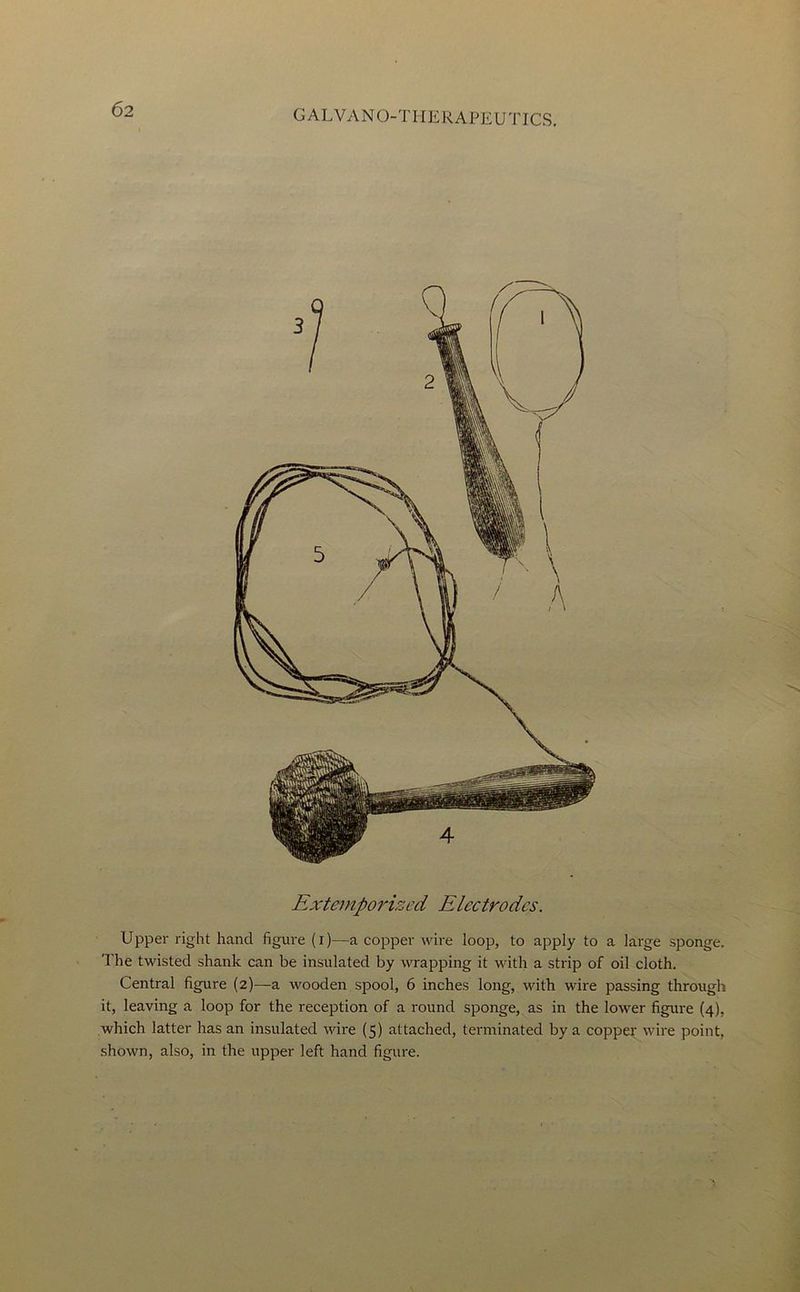 Extemporized Electrodes. Upper right hand figure (i)—a copper wire loop, to apply to a large sponge. The twisted shank can be insulated by wrapping it with a strip of oil cloth. Central figure (2)—a wooden spool, 6 inches long, with wire passing through it, leaving a loop for the reception of a round sponge, as in the lower figure (4), which latter has an insulated wire (5) attached, terminated by a copper wire point, shown, also, in the upper left hand figure.