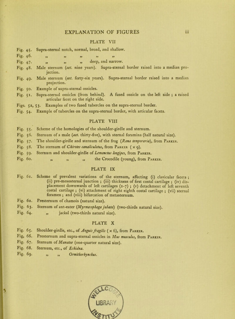 PLATE VII Fig. 45. Supra-sternal notch, normal, broad, and shallow. Fig. 46. ,, ,, yy yy yy Fig. 47. „ „ „ deep, and narrow. Fig. 48. Male sternum (net. nine years). Supra-sternal border raised into a median pro- jection. Fig. 49. Male sternum {net. forty-six years). Supra-sternal border raised into a median projection. Fig. 50. Example of supra-sternal ossicles. Fig. 51. Supra-sternal ossicles (from behind). A fused ossicle on the left side ; a raised articular facet on the right side. Figs. 52, 53. Examples of two fused tubercles on the supra-sternal border. Fig. 54. Example of tubercles on the supra-sternal border, with articular facets. PLATE VIII Fig. 55. Scheme of the homologies of the shoulder-girdle and sternum. Fig. 56. Sternum of a male [act. thirty-five), with sternal foramina (half natural size). Fig. 57. The shoulder-girdle and sternum of the frog (Rana temporaria), from Parker. Fig. 58. The sternum of Chirotes canaliculatus, from Parker ( x 9), Fig. 59. Sternum and shoulder-girdle of Lemanctus longipes, from Parker. Fig. 60. „ „ ,, the Crocodile (young), from Parker. PLATE IX Fig. 61. Scheme of prevalent variations of the sternum, affecting (i) clavicular facets ; (ii) pre-mesosternal junction ; (iii) thickness of first costal cartilage ; (iv) dis- placement downwards of left cartilages (2-7) ; (v) detachment of left seventh costal cartilage ; (vi) attachment of right eighth costal cartilage ; (vii) sternal foramen ; and (viii) bifurcation of metasternum. Fig. 62. Presternum of chamois (natural size). Fig. 63. Sternum of ant-eater (Myrmecophaga jubata) (two-thirds natural size). Fig. 64. „ jackal (two-thirds natural size). PLATE X Fig. 65. Shoulder-girdle, etc., of Anguis fragilis ( x 6), from Parker. Fig, 66. Presternum and supra-sternal ossicles in Mus musculus, from Parker. Fig. 67. Sternum of Manatee (one-quarter natural size). Fig. 68. Sternum, etc., of Echidna. Fig. 69. „ „ Ornithorhynchus. /