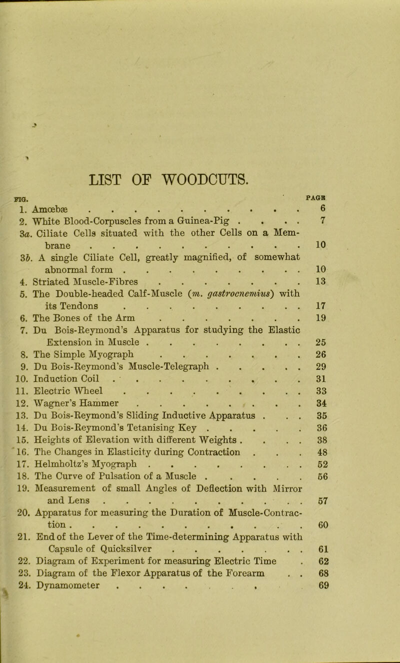 LIST OF WOODCUTS. Bia. PAGB 1. Amoebas 6 2. White Blood-Corpuscles from a Guinea-Pig . . . . 7 3a. Ciliate Cells situated with the other Cells on a Mem- brane 10 3J. A single Ciliate Cell, greatly magnified, of somewhat abnormal form 10 4. Striated Muscle-Fibres . 13 5. The Double-headed Calf-Muscle (m. gastrocnemius) with its Tendons 17 6. The Bones of the Arm 19 7. Du Bois-Reymond’s Apparatus for studying the Elastic Extension in Muscle 25 8. The Simple Myograph 26 9. Du Bois-Reymond’s Muscle-Telegraph 29 10. Induction Coil 31 11. Electric Wheel 33 12. Wagner’s Hammer 34 13. Du Bois-Reymond’s Sliding Inductive Apparatus . . . 35 14. Du Bois-Reymond’s Tetanising Key 36 15. Heights of Elevation with different Weights . . . . 38 ’ 16. The Changes in Elasticity during Contraction ... 48 17. Helmholtz’s Myograph 52 18. The Curve of Pulsation of a Muscle . .... 66 19. Measui'ement of small Angles of Deflection with Mirror and Lens 57 20. Apparatus for measuring the Duration of Muscle-Contrac- tion 60 21. End of the Lever of the Time-determining Apparatus with Capsule of Quicksilver 61 22. Diagram of Experiment for measuring Electric Time . 62 23. Diagram of the Flexor Apparatus of the Forearm . . 68 24. Dynamometer ...... 69