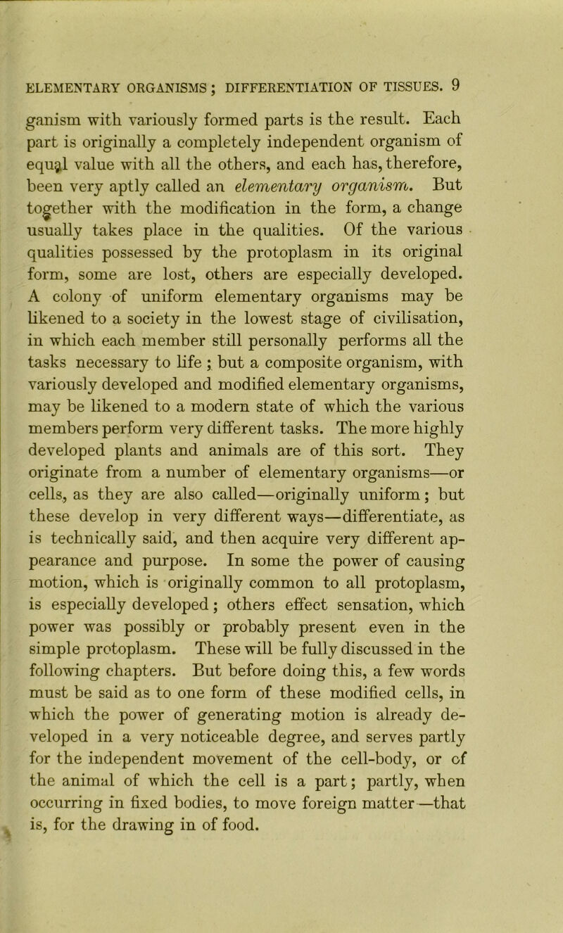 ganism with variously formed parts is the result. Each part is originally a completely independent organism of equ^il value with all the others, and each has, therefore, been very aptly called an elementary organism. But together with the modification in the form, a change usually takes place in the qualities. Of the various qualities possessed by the protoplasm in its original form, some are lost, others are especially developed. A colony of uniform elementary organisms may be likened to a society in the lowest stage of civilisation, in which each member still personally performs all the tasks necessary to life ; but a composite organism, with variously developed and modified elementary organisms, may be likened to a modern state of which the various members perform very different tasks. The more highly developed plants and animals are of this sort. They originate from a number of elementary organisms—or cells, as they are also called—originally uniform; but these develop in very different ways—differentiate, as is technically said, and then acquire very different ap- pearance and purpose. In some the power of causing motion, which is originally common to all protoplasm, is especially developed; others effect sensation, which power was possibly or probably present even in the simple protoplasm. These will be fully discussed in the following chapters. But before doing this, a few words must be said as to one form of these modified cells, in which the power of generating motion is already de- veloped in a very noticeable degree, and serves partly for the independent movement of the cell-body, or of the animal of which the cell is a part; partly, when occurring in fixed bodies, to move foreign matter—that is, for the drawing in of food.