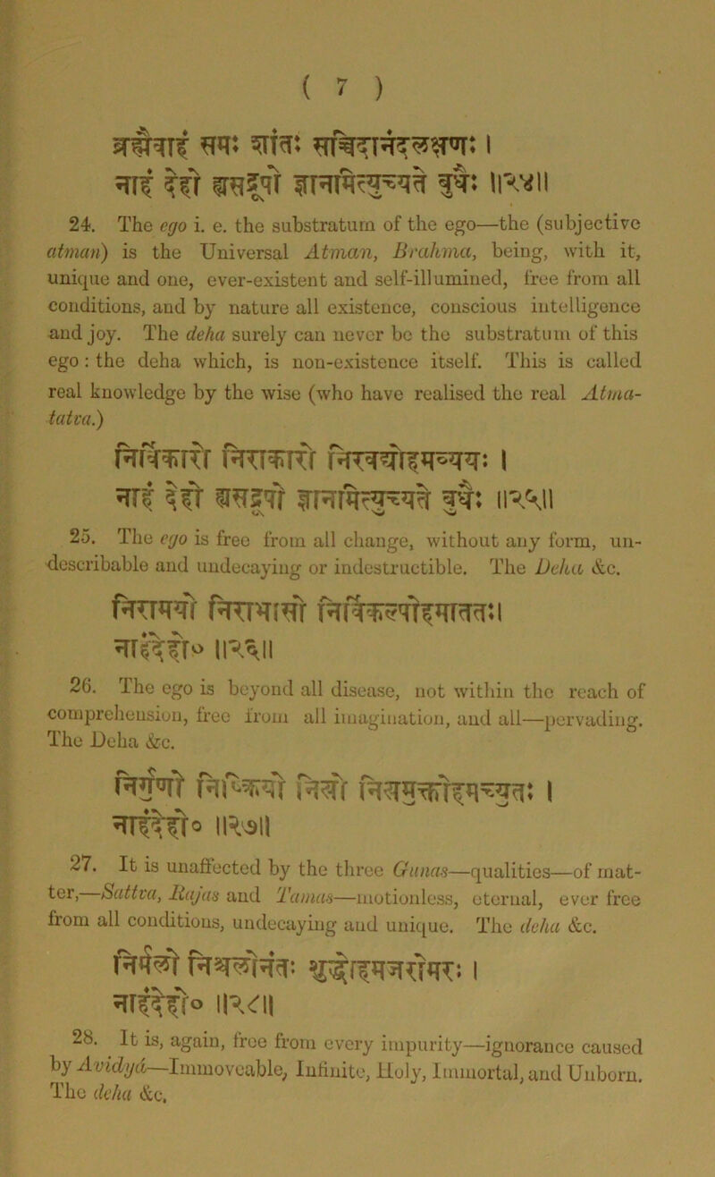 vmji m* srfa: i mi Zji m^S1 it: uv*n 24. The ego i. e. the substratum of the ego—the (subjective atman) is the Universal Atman, Brahma, being, with it, unique and one, ever-existent and self-illumined, free from all conditions, and by nature all existence, conscious intelligence and joy. The deha surely can never be the substratum of this ego: the deha which, is non-existence itself. This is called real knowledge by the wise (who have realised the real Atina- tatva.) Rfforcr I i ft: irmi 25. The ego is free from all change, without any form, un- describable and undecayiug or indestructible. The Delta &c. ir^ii 26. I he ego is beyond all disease, not within the reach of comprehension, free from all imagination, and all—pervading. The Delia &c. RifiR i ^rrirfro 11*911 27. It is unaffected by the three Gunas—qualities—of mat- ^-er> -Satina, liajas and 'Tanias—motionless, eternal, ever free from all conditions, undecaying and unique. The deha &c. IIVII 28. It is, again, free from every impurity—ignorance caused by Avidyd—Immoveable, Infinite, Holy, Immortal, and Unborn. The delta &c.