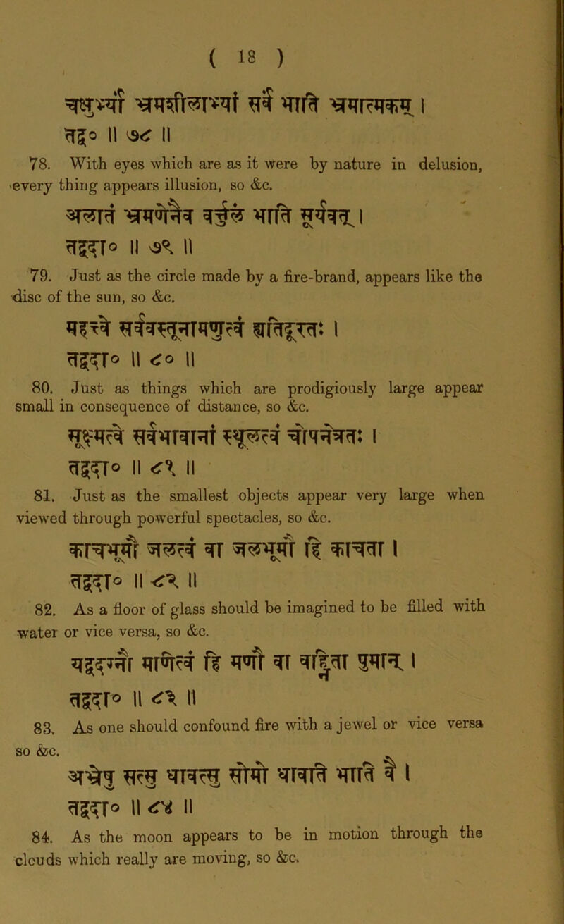 / *ni% ■srrtot i II ^ II 78. With eyes which are as it were by nature in delusion, ■every thing appears illusion, so &c. wl%r #3 w i 55RT° II ^ II 79. Just as the circle made by a fire-brand, appears like the disc of the sun, so &c. §rr%£T<r. I ^Jo n*o ii 80. Just as things which are prodigiously large appear small in consequence of distance, so &c. pbtHRi i ii *\ ii 81. Just as the smallest objects appear very large when viewed through powerful spectacles, so &c. ^rspnfr ^4 ft I II II 82. As a floor of glass should be imagined to be filled with water or vice versa, so &c. ft ww m i ^r° a *\ ii 83. As one should confound fire with a jewel or vice versa so &c. pit vpn% mtfl 11 r!3RT° II II 84. As the moon appears to be in motion through the clouds which really are moving, so &c.