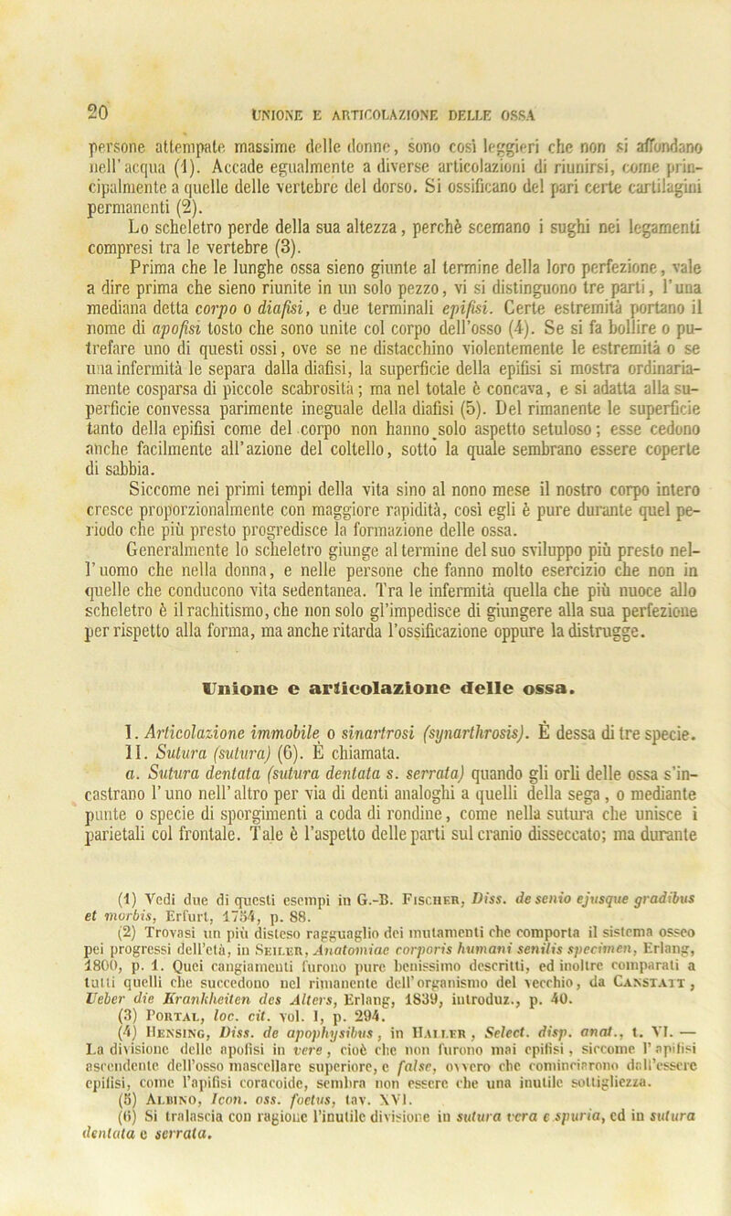 persone attempate massime delle donno, sono cosi leggieri che non si affondano nell’acqua (1). Accade egualmente a diverse articolazioni di riunirsi, come prin- cipalmente a quelle delle vertebre del dorso. Si ossificano del pari certe cartilagini permanenti (2). Lo scheletro perde della sua altezza, perchè scemano i sughi nei legamenti compresi tra le vertebre (3). Prima che le lunghe ossa sieno giunte al termine della loro perfezione, vale a dire prima che sieno riunite in un solo pezzo, vi si distinguono tre parti, Luna mediana detta corpo o diafisi, e due terminali epifisi. Certe estremità portano il nome di iipofisi tosto che sono unite col corpo dell’osso (4-). Se si fa bollire o pu- trefare uno di questi ossi, ove se ne distacchino violentemente le estremità o se ima infermità le separa dalla diafisi, la superficie della epifisi si mostra ordinaria- mente cosparsa di piccole scabrosità ; ma nel totale è concava, e si adatta alla su- perfìcie convessa parimente ineguale della diafisi (5). Del rimanente le superficie tanto della epifisi come del corpo non hanno _solo aspetto setuloso; esse cedono anche facilmente all’azione del coltello, sotto la quale sembrano essere coperte di sabbia. Siccome nei primi tempi della vita sino al nono mese il nostro corpo intero cresce proporzionalmente con maggiore rapidità, così egli è pure durante quel pe- riodo che più presto progredisce la formazione delle ossa. Generalmente lo scheletro giunge al termine del suo sviluppo più presto nel- l’uomo che nella donna, e nelle persone che fanno molto esercizio che non in quelle che conducono vita sedentanea. Tra le infermità quella che più nuoce allo scheletro è il rachitismo, che non solo gl’impedisce di giungere alla sua perfezione per rispetto alla forma, ma anche ritarda l’ossificazione oppure la distrugge. Unione e articolazione delle ossa. I. Articolazione immobile o sinartrosi (synarthrosis). E dessa di tre specie. II. Sutura (sutura) (6). È chiamata. a. Sutura dentata (sutura dentata s. serrata) quando gli orli delle ossa s’in- castrano l’uno nell’ altro per via di denti analoghi a quelli della sega, o mediante punte o specie di sporgimenti a coda di rondine, come nella sutura che unisce i parietali col frontale. Tale è Taspetto delle parti sul cranio disseccato; ma durante (1) Vedi due di questi esempi in G.-B. Fischer, Diss. de senio ejusque gradibus et morbis, Erfurt, 1754, p. S8. (2) Trovasi un piti disleso ragguaglio dei mutamenti che comporta il sistema osseo pei progressi dell’ctà, in Seiler, Anatomiae rorporis humani senilis specimen, Eriang, 1800, p. 1. Quei cangiamenti l'urono pure benissimo descritti, ed inoltre comparati a tutti quelli che succedono nel rimanente dell'organismo del vecchio, da Canstait, Ueber die Krankheiten des Alters, Erlatig, 1839, iutroduz., p. 40. (3) Portal, toc. cit. voi. 1, p. 294. (4) Hensing, Diss. de apophysibus, in Hai i.er, Select. disp. anat., t. VI. — La divisione delle npofisi in vere, cioè che non furono mai epifisi, siccome P apifisi ascendente dell’osso mascellare superiore, e false, ovvero clic cominciarono dall’essere epifisi, come l’apifisi coracoide, sembra non essere che una inutile solLigliezza. (5) Albino, /con. oss. foclus, tav. XVI. (fi) Si tralascia con ragione l’inutile divisione in sutura vera e spuria, ed in sutura dentata c serrata.