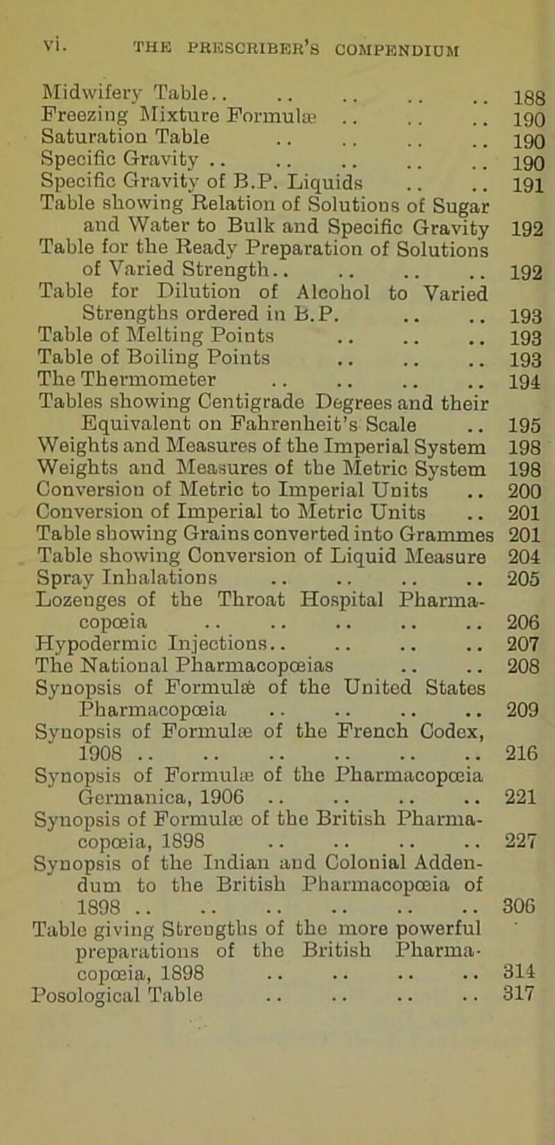 Midwifery Table.. .. .. .. .. xgg Freezing Mixture Formulae 190 Saturation Table .. .. .. .. 190 Specific Gravity .. .. .. .. .. 190 Specific Gravity of B.P. Liquids .. .. 191 Table showing Relation of Solutions of Sugar and Water to Bulk and Specific Gravity 192 Table for the Ready Preparation of Solutions of Varied Strength.. .. .. .. 192 Table for Dilution of Alcohol to Varied Strengths ordered in B.P. .. .. 193 Table of Melting Points .. .. .. 193 Table of Boiling Points .. .. .. 193 The Thermometer .. .. .. .. 194 Tables showing Centigrade Degrees and their Equivalent on Fahrenheit’s Scale .. 195 Weights and Measures of the Imperial System 198 Weights and Measures of the Metric System 198 Conversion of Metric to Imperial Units .. 200 Conversion of Imperial to Metric Units .. 201 Table showing Grains converted into Grammes 201 Table showing Conversion of Liquid Measure 204 Spray Inhalations .. .. .. .. 205 Lozenges of the Throat Hospital Pharma- copoeia .. .. .. .. .. 206 Hypodermic Injections.. .. .. .. 207 The National Pharmacopoeias .. .. 208 Synopsis of Formulae of the United States Pharmacopoeia .. .. .. .. 209 Synopsis of Formulae of the French Codex, 1908 216 Synopsis of Formulae of the Pharmacopoeia Germanica, 1906 .. .. .. .. 221 Synopsis of Formula! of the British Pharma- copoeia, 1898 .. .. .. .. 227 Synopsis of the Indian and Colonial Adden- dum to the British Pharmacopoeia of 1898 306 Table giving Strengths of the more powerful preparations of the British Pharma- copoeia, 1898 .. .. .. .. 314 Posological Table .. .. .. .. 317