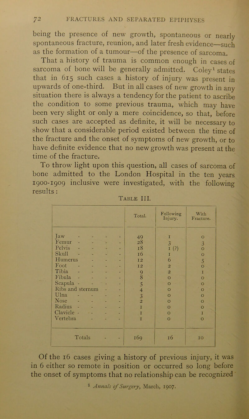 being the presence of new growth, spontaneous or nearly spontaneous fracture, reunion, and later fresh evidence—such as the formation of a tumour—of the presence of sarcoma. That a history of trauma is common enough in cases of sarcoma of bone will be generally admitted. Coley ^ states that in 615 such cases a history of injury was present in upwards of one-third. But in all cases of new growth in any situation there is always a tendency for the patient to ascribe the condition to some previous trauma, which may have been very slight or only a mere coincidence, so that, before such cases are accepted as definite, it will be necessary to show that a considerable period existed between the time of the fracture and the onset of symptoms of new growth, or to have definite evidence that no new growth was present at the time of the fracture. To throw light upon this question, all cases of sarcoma of bone admitted to the London Hospital in the ten years igoo-igog inclusive were investigated, with the following results : Table III. Total. Following Injury. With Fracture. Jaw .... 49 I 0 Femur .... 28 3 3 Pelvis .... 18 I (?) 0 Skull .... 16 I 0 Humerus 12 6 5 Foot .... 12 2 0 Tibia .... 9 2 I P'ibula .... 8 0 0 Scapula .... 5 0 0 Ribs and sternum 4 0 0 Ulna .... 3 0 0 Nose .... 2 0 0 Radius .... I 0 0 Clavicle - - I 0 I Vertebra I 0 0 Totals 169 16 10 Of the 16 cases giving a history of previous injur}g it was in 6 either so remote in position or occurred so long before the onset of symptoms that no relationship can be recognized ^ Annals of Surgejy, March, 1907.