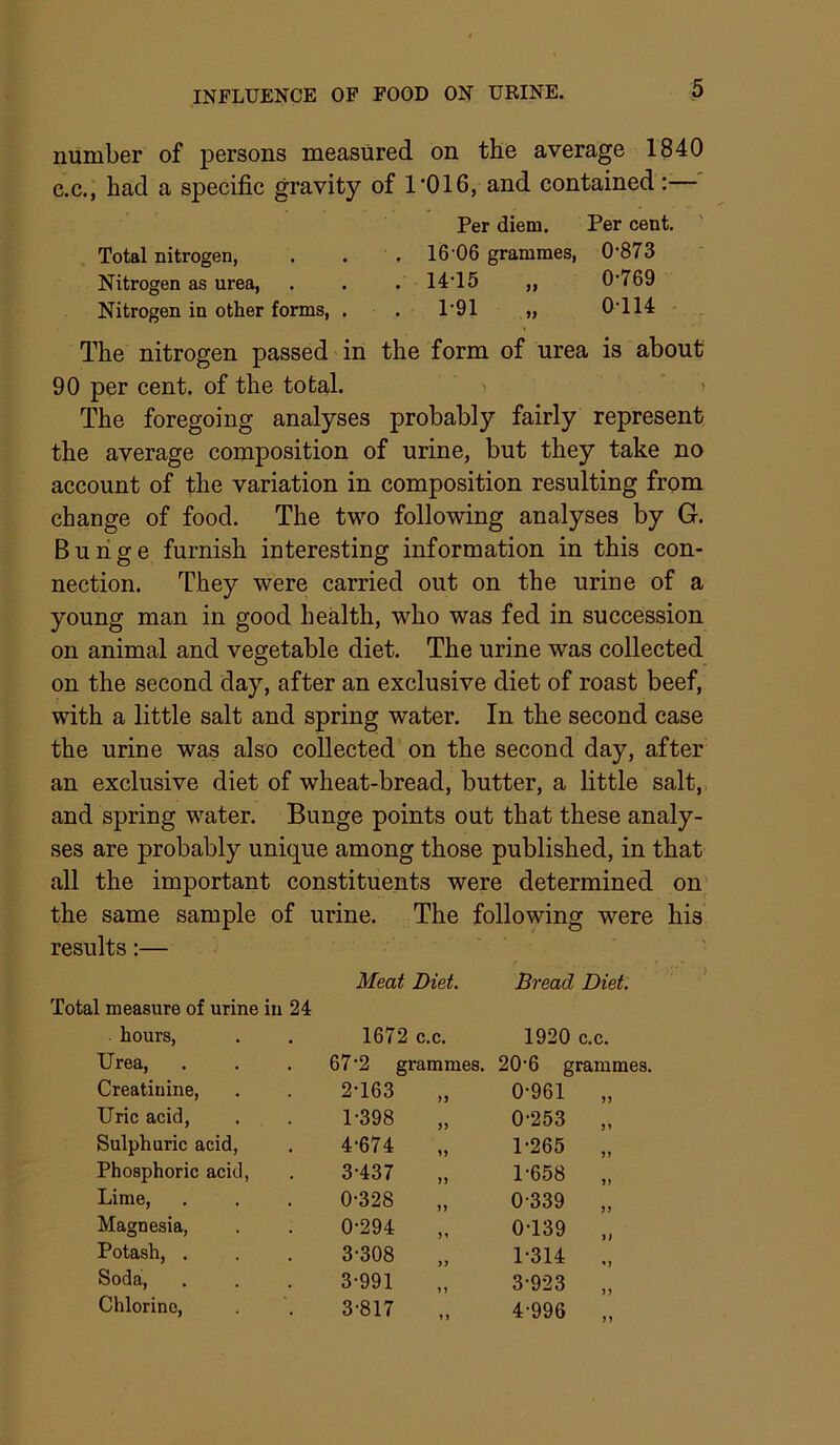 number of persons measured on the average 1840 C.C., had a specific gravity of 1‘016, and contained :— Per diem. Per cent. Total nitrogen, . . . 16'06 grammes, 0’873 Nitrogen as urea, . . . 14‘15 „ 0’769 Nitrogen in other forms, . . 1’91 ,, 0T14 The nitrogen passed'in the form of urea is about 90 per cent, of the total. ' ’ The foregoing analyses probably fairly represent the average composition of urine, but they take no account of the variation in composition resulting from change of food. The two following analyses by G. Bunge furnish interesting information in this con- nection. They were carried out on the urine of a young man in good health, who was fed in succession on animal and vegetable diet. The urine was collected on the second day, after an exclusive diet of roast beef, with a little salt and spring water. In the second case the urine was also collected on the second day, after an exclusive diet of wheat-bread, butter, a little salt, and spring water. Bunge points out that these analy- ses are probably unique among those published, in that all the important constituents were determined on^ the same sample of urine. The following were his results:— Meat Diet. Bread Diet: Total measure of urine iii 24 hours. 1672 c.c. 1920 c. c. Urea, . 67‘2 grammes. 20*6 grammes. Creatinine, 2*163 M 0*961 J? Uric acid. 1*398 5) 0*253 Sulphuric acid. 4*674 M 1*265 Phosphoric acid, 3*437 )> 1*658 Lime, 0*328 n 0*339 ) j Magnesia, 0*294 0*139 yi Potash, . 3*308 1*314 Soda, 3*991 n 3*923 ) y Chlorine, 3*817 4*996