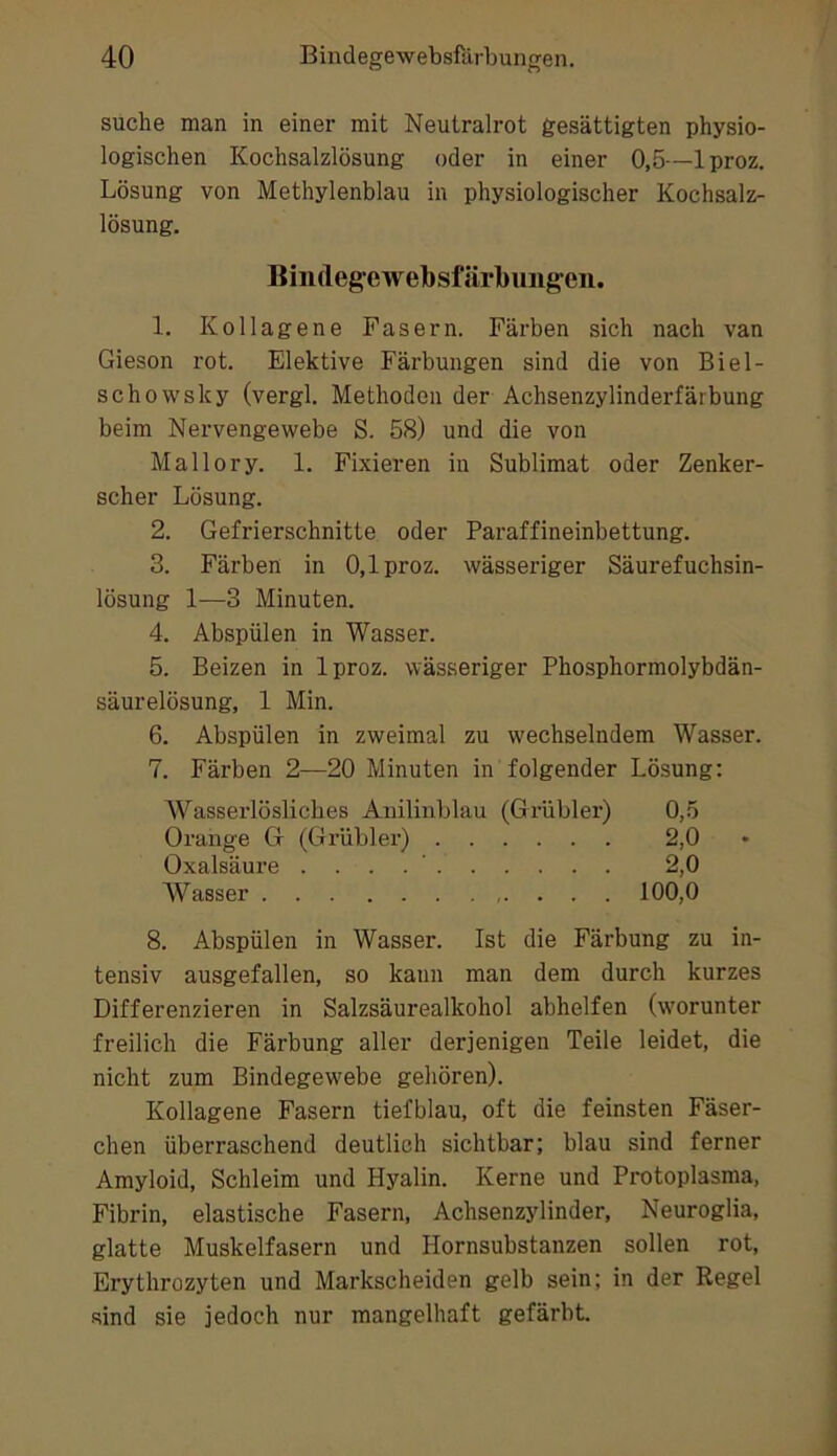 suche man in einer mit Neutralrot gesättigten physio- logischen Kochsalzlösung oder in einer 0,5—Iproz. Lösung von Methylenblau in physiologischer Kochsalz- lösung. Bindegewebsfärbungen. 1. Kollagene Fasern. Färben sich nach van Gieson rot. Elektive Färbungen sind die von Biel- schowsky (vergl. Methoden der Achsenzylinderfärbung beim Nervengewebe S. 58) und die von Mallory. 1. Fixieren in Sublimat oder Zenker- scher Lösung. 2. Gefrierschnitte oder Paraffineinbettung. 3. Färben in O.lproz. wässeriger Säurefuchsin- lösung 1—3 Minuten. 4. Abspülen in Wasser. 5. Beizen in Iproz. wässeriger Phosphormolybdän- säurelösung, 1 Min. 6. Abspülen in zweimal zu w'echselndem Wasser. 7. Färben 2—20 Minuten in folgender Lösung; Wasserlösliches Aniliublau (Gi'übler) 0,5 Orange G (Grübler) 2,0 Oxalsäure . . . . ' 2,0 AVasser 100,0 8. Abspülen in Wasser. Ist die Färbung zu in- tensiv ausgefallen, so kann man dem durch kurzes Differenzieren in Salzsäurealkohol abhelfen (worunter freilich die Färbung aller derjenigen Teile leidet, die nicht zum Bindegew'ebe gehören). Kollagene Fasern tiefblau, oft die feinsten Fäser- chen überraschend deutlich sichtbar; blau sind ferner Amyloid, Schleim und Hyalin. Kerne und Protoplasma, Fibrin, elastische Fasern, Achsenzylinder, Neuroglia, glatte Muskelfasern und Hornsubstanzen sollen rot, Erythrozyten und Markscheiden gelb sein; in der Regel sind sie jedoch nur mangelhaft gefärbt.