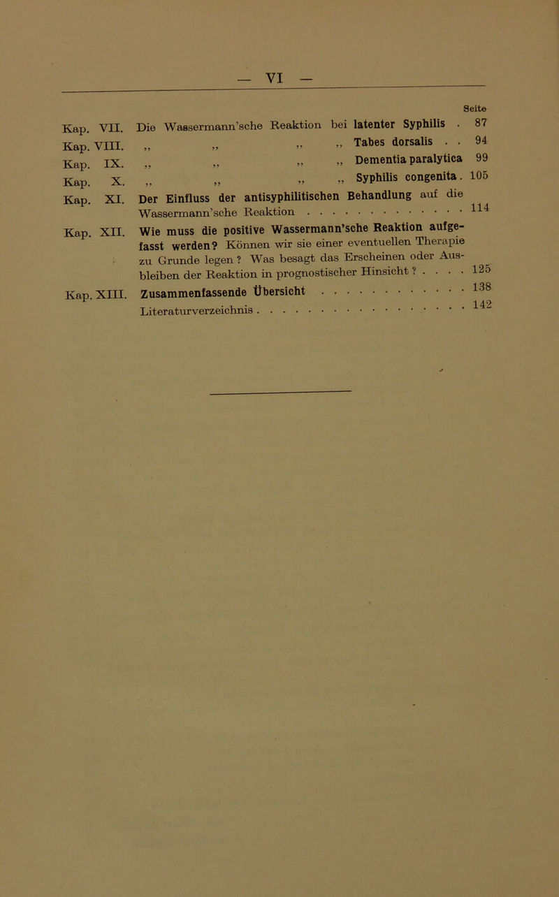 Kap. VII. Kap. VIII. Kap. IX. Kap. X. Kap. XI. Kap. XII. Kap. XIII. Seite Die Waasermann’sche Reaktion bei latenter Syphilis . 87 „ „ Tabes dorsalis . . 94 „ Dementia paralytica 99 „ „ Syphilis congenita. 105 Der Einfluss der antisyphilitischen Behandlung auf die Wassermann’sche Reaktion Wie muss die positive Wassermann’sche Reaktion auf ge- fasst werden? Können wir sie einer eventuellen Therapie zu Grunde legen ? Was besagt das Erscheinen oder Aus- bleiben der Reaktion in prognostischer Hinsicht ? . . . .125 Zusammenfassende Übersicht • , • 142 Literaturverzeichnis