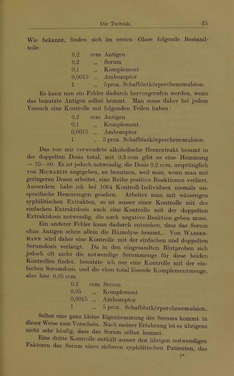 Wie bekannt, finden sich im ersten Glase folgende Bestand- teile : 0,2 ccm Antigen 0,2 ,, Serum 0,1 Komplement 0,0015 „ Ambozeptor 1 5 proz. Schaf blutkörperchenemulsion Es kann nun ein Fehler dadurch hervorgerufen werden, wenn das benutzte Antigen selbst hemmt. Man muss daher bei jedem Versuch eine Kontrolle mit folgenden Teilen haben: 0,2 ccm Antigen 0,1 ,, Komplement 0,0015 ,, Ambozeptor 1 ,, 5proz. Schafblutkörperchenemulsion. Das von mir verwendete alkoholische Herzextrakt hemmt in der doppelten Dosis total, mit 0,3 ccm gibt es eine Hemmung = 70—80. Es ist jedoch notwendig, die Dosis 0,2 ccm, ursprünglich von Michaelis angegeben, zu benutzen, weil man, wenn man mit geringeren Dosen arbeitet, eine Reihe positive Reaktionen verliert. Ausserdem habe ich bei 1064 Kontroll-Individuen niemals un- spezifische Hemmungen gesehen. Arbeitet man mit wässerigen syphilitischen Extrakten, so ist ausser einer Kontrolle mit der einfachen Extraktdosis auch eine Kontrolle mit der doppelten Extraktdosis notwendig, die auch negative Reaktion geben muss. Ein anderer Fehler kann dadurch entstehen, dass das Serum ohne Antigen schon allein die Hämolyse hemmt,. Von Wassee- MANN wird daher eine Kontrolle mit der einfachen und doppelten Serumdosis verlangt. Da in den eingesandten Blutproben sich jedoch oft nicht die notwendige Serummenge für diese beiden Kontrollen findet, benutzte ich nur eine Kontrolle mit der ein- fachen Serumdosis und die eben total lösende Komplementmenge, also hier 0,05 ccm. 0,2 ccm Serum 0,05 ,, Komplement 0,0015 ,, Ambozeptor 1 ,, 5 proz. Schaf blutkörperchenemulsion. Selbst eine ganz kleine Eigenhemmung des Serums kommt in dieser Weise zum Vorschein. Nach meiner Erfahrung ist es übrigens nicht sehr häufig, dass das Serum selbst hemmt. Eine dritte Kontrolle enthält ausser den übrigen notwendigen Faktoren das Serum eines sicheren syphilitischen Patienten, das 3*