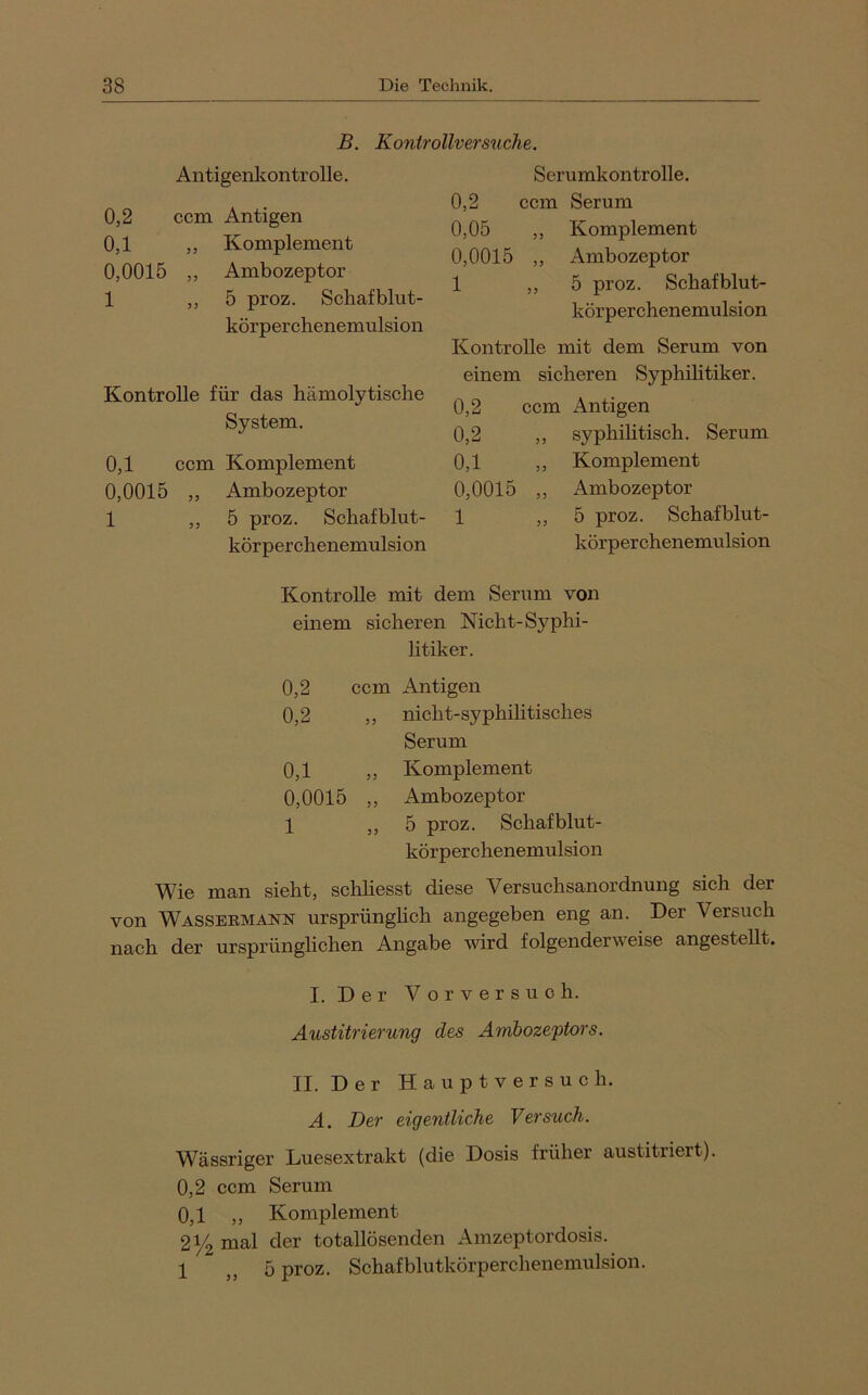 B. Kontrollversuche. Antigenkontrolle. 0,2 ccm Antigen 0,1 ,, Komplement 0,0015 ,, Ambozeptor 1 ,, 5 proz. Schafblut- körperchenemulsion Kontrolle für das hämolytische System. 0,1 ccm Komplement 0,0015 ,, Ambozeptor 1 ,, 5 proz. Schafblut- körperchenemulsion Serumkontrolle. 0,2 ccm Serum 0,05 ,, Komplement 0,0015 ,, Ambozeptor 1 ,, 5 proz. Schafblut- körperchenemulsion Kontrolle mit dem Serum von einem sicheren Syphilitiker. 0,2 ccm Antigen 0,2 ,, syphihtisch. Serum 0,1 ,, Komplement 0,0015 „ Ambozeptor 1 ,, 5 proz. Schafblut- körperchenemulsion Kontrolle mit dem Serum von einem sicheren Nicht-Syphi- litiker. 0,2 ccm Antigen 0,2 „ nicht-syphilitisches Serum 0,1 ,, Komplement 0,0015 „ Ambozeptor 1 ,> 5 proz. Schafblut- körperchenemulsion Wie man sieht, schhesst diese Versuchsanordnung sich der von Wassermann ursprünglich angegeben eng an. Der Versuch nach der ursprünglichen Angabe wird folgenderweise angestellt. I. Der Vorversuch. Austitrierung des Ambozeptors. II. Der Hauptversuch. A. Der eigentliche Versuch. Wässriger Luesextrakt (die Dosis früher austitriert). 0,2 ccm Serum 0,1 „ Komplement 21/2 mal der totallösenden Amzeptordosis. 1 ,, 5 proz. Schafblutkörperchenemulsion.