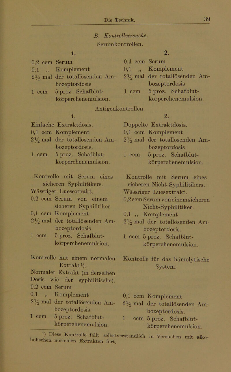 B. Kontrollversuche. S er Umkontrollen. 1. 0,2 ccm Serum 0,1 ,, Komplement 2% mal der totallösenden Am- bozeptordosis 1 ccm 5 proz. Schaf blut- körper chenemulsion . 2. 0,4 ccm Serum 0,1 ,, Komplement 2% mal der totallösenden Am- bozeptordosis 1 ccm 5 proz. Schafblut- körperchenemulsion. Antigenkontrollen. 1. Einfache Extraktdosis. 0,1 ccm Komplement 2^ mal der totaUösenden Am- bozeptordosis. 1 ccm 5 proz. Schafblut- körperchenemulsion. 2. Doppelte Extraktdosis. 0,1 ccm Komplement 2^2 i^ial der totallösenden Am- bozeptordosis 1 ccm 5 proz. Schafblut- körperchenemulsion . Kontrolle mit Serum eines sicheren Syphilitikers. Wässriger Luesextrakt. 0,2 ccm Serum von einem sicheren Syphihtiker 0,1 ccm Komplement 2^ mal der totallösenden Am- bozeptordosis 1 ccm 5 proz. Schafblut- körperchenemulsion. Kontrolle mit einem normalen Extrakt^). Normaler Extrakt (in derselben Dosis wie der syphilitische). 0,2 ccm Serum 0,1 „ Komplement 2^ mal der totaUösenden Am- bozeptordosis, 1 ccm 5 proz. Schafblut- körperchenemulsion. Kontrolle mit Serum eines sicheren Nicht-Syphilitikers. Wässriger Luesextrakt. 0,2 ccm Serum von einem sicheren Nicht- Syphilitiker. 0,1 ,, Komplement 2^ mal der totaUösenden Am- bozeptordosis. 1 ccm 5 proz. Schafblut- körperchenemulsion. Kontrolle für das hämolytische System. 0,1 ccm Komplement 2^2 Dial der totaUösenden Am- bozeptordosis. 1 ccm 5 proz. Schafblut- körperchenemulsion . 1, T Kontrolle fällt selbstverständlich in Versuchen mit alko- holischen normalen Extrakten fort.