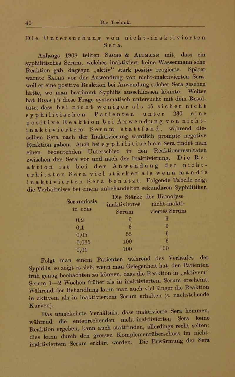 Die Untersuchung von nicht-inaktivierten Sera. Anfangs 1908 teilten Sachs & Altmann mit, dass ein syphilitisches Serum, welches inaktiviert keine Wassermann’sehe Reaktion gab, dagegen ,,aktiv“ stark positiv reagierte. Später warnte Sachs vor der Anwendung von nicht-inaktivierten Sera, weil er eine positive Reaktion bei Anwendung solcher Sera gesehen hätte, wo man bestimmt Syphihs ausschhessen könnte. Weiter hat Boas (^) diese Frage systematisch untersucht mit dem Resul- tate, dass bei nicht weniger als 45 sicher nicht syphilitischen Patienten unter 230 eine positive Reaktion bei Anwendung von nicht- inaktiviertem Serum stattfand, während die- selben Sera nach der Inaktivierung sämtlich prompte negative Reaktion gaben. Auch bei syphilitischen Sera findet man einen bedeutenden Unterschied in den Reaktionsresultaten zwischen den Sera vor und nach der Inaktivierung. Die Re- aktion ist bei der Anwendung der nicht- erhitzten Sera viel stärker als wenn mandie inaktivierten Sera benutzt. Folgende Tabelle zeigt die Verhältnisse bei einem unbehandelten sekundären Syphilitiker. Serumdosis Die Stärke der Hämolyse inaktiviertes nicht-inakti- in ccm Serum viertes Serum 0,2 6 6 0,1 6 6 0,05 55 6 0,025 100 6 0,01 100 100 Folgt man einem Patienten während des Verlaufes der Syphilis, so zeigt es sich, wenn man Gelegenheit hat, den Patienten früh genug beobachten zu können, dass die Reaktion in „aktivem Serum 1—2 Wochen früher als in inaktiviertem Serum erscheint. Während der Behandlung kann man auch viel länger die Reaktion in aktivem als in inaktiviertem Serum erhalten (s. nachstehende Kurven). Das umgekehrte Verhältnis, dass inaktivierte Sera hemmen, während die entsprechenden nicht-inaktivierten Sera keine Reaktion ergeben, kann auch stattfinden, aUerdings recht seHen; dies kann durch den grossen Komplementüberschuss ira nicht- inaktiviertem Serum erklärt werden. Die Erwärmung der Sera