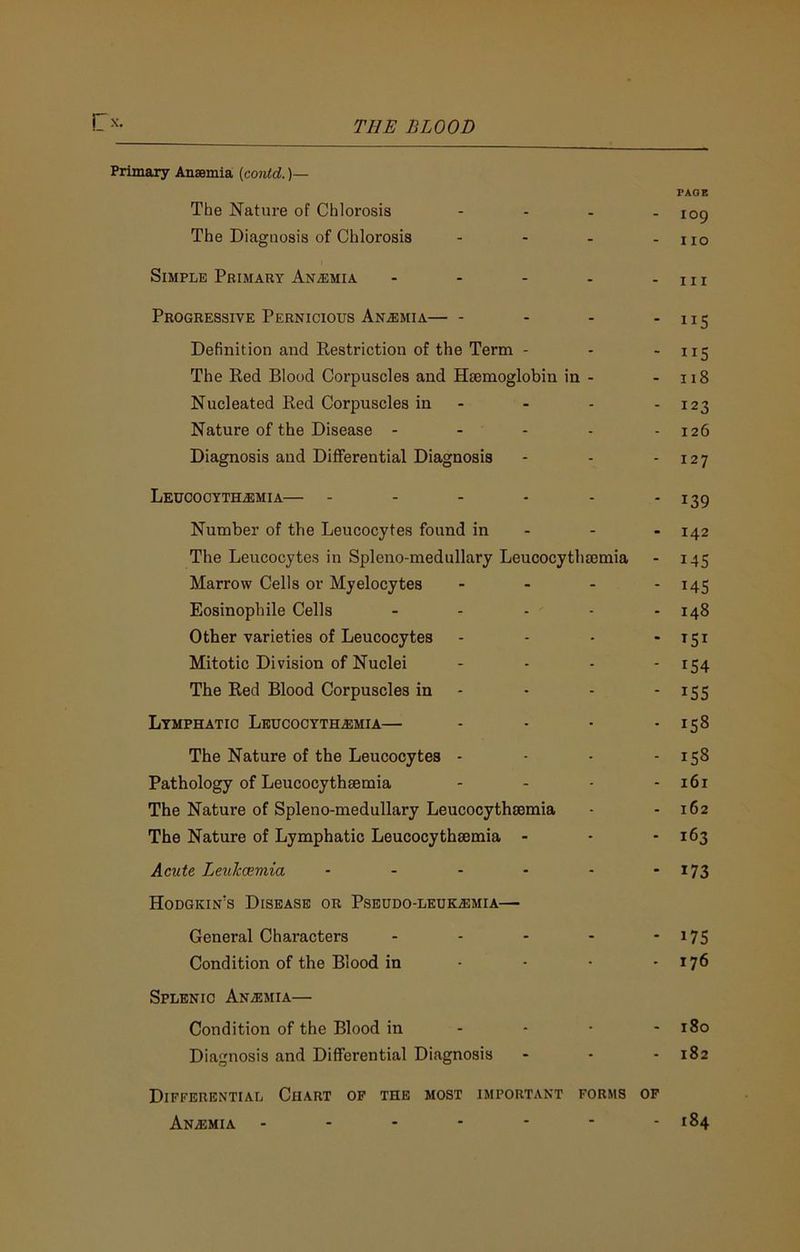 il-N. Primaxy Ansemia {contd.)— PAGE The Nature of Chlorosis - - - - 109 The Diagnosis of Chlorosis - - - - no Simple Primary Anemia - - - - -in Progressive Pernicious Anemia— - - - * 115 Definition and Restriction of the Term - - - 115 The Red Blood Corpuscles and Haemoglobin in - - 118 Nucleated Red Corpuscles in - - - - 123 Nature of the Disease - - - - - 126 Diagnosis and Differential Diagnosis - - - 127 Leucocyth^mia— - - - - - * 139 Number of the Leucocytes found in - - - 142 The Leucocytes in Spleno-medullary Leucocythaemia - 145 Marrow Cells or Myelocytes - - - - i4S Eosinophile Cells - - - - - 148 Other varieties of Leucocytes - - - *151 Mitotic Division of Nuclei - . . - 154 The Red Blood Corpuscles in - - - * iS5 Lymphatic Leucocythaemia— - • • *158 The Nature of the Leucocytes - • • - 158 Pathology of Leucocythaemia - - - - 161 The Nature of Spleno-medullary Leucocythaemia - - 162 The Nature of Lymphatic Leucocythaemia - - - 163 Acute Leuiccemia - - - - - ' *73 Hodgkin’s Disease or Pseudo-leukaemia— General Characters - - - - * *75 Condition of the Blood in - • • - 176 Splenic Anaemia— Condition of the Blood in - - • - 180 Diagnosis and Differential Diagnosis - • - 182 Differential Chart of the most important forms op An-emia ------- 184