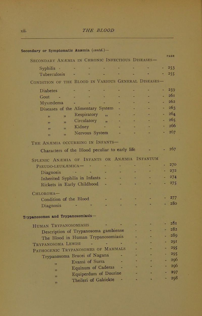XU. Secondary or Symptomatic Anaemia (contd.')— Secondary Anaemia in Chronic Infectious Diseases— Syphilis ------- Tuberculosis ------ Condition of the Blood in Various General Diseases Diabetes Gout ------- Myxoedema ------ Diseases of the Alimentary System - „ „ Respiratory - „ „ Circulatory „ - - - „ „ Kidney - - - - j, „ Nervous System - - - The Anaemia occurring in Infants— Characters of the Blood peculiar to early life Splenic Anaemia of Infants or Anemia Infantum Pseudo-leuk^mica— - - - - - Diagnosis ------ Inherited Syphilis in Infants - - - - Rickets in Early Childhood - - - - Chloroma— Condition of the Blood - - - - Diagnosis ------ Trypanosomes and Trypanosomiasis Human Trypanosomiasis - - - - Description of Trypanosoma gambiense The Blood in Human Trypanosomiasis Trypanosoma Lewisi - - - - ■ Pathogenic Trypanosomes of Mammals Trypanosoma Brucei of Nagana „ Evansi of Surra ,, Equinum of Caderas - - ‘ Equiperdum of Dourine Theileri of Galziekte - PAGE 253 255 259 - 261 - 262 - 263 - 264 - 265 - 266 - 267 - 267 - 270 - 272 - 274 - 275 - 277 - 280 - 281 - 282 - 289 - 291 - 295 - 295 - 296 - 296 - 297 - 298
