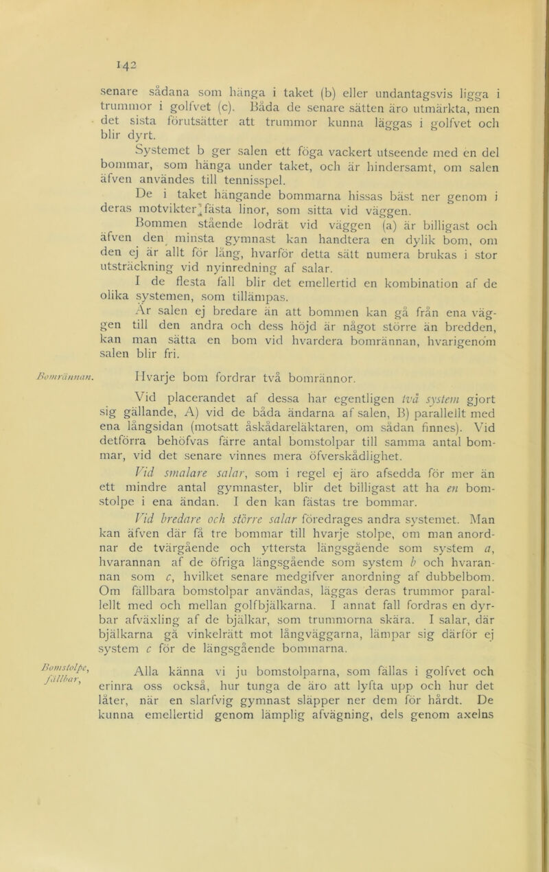 J^omriinuan. Bomstolpe, fälUntr, senare sådana som hänga i taket (b) eller undantagsvis Ugga i trummor i golfvet (c). Båda de senare sätten äro utmärkta, men det sista förutsätter att trummor kunna läggas i golfvet och blir dyrt. Systemet b ger salen ett föga vackert utseende med en del bommar, som hänga under taket, och är hindersamt, om salen äfven användes till tennisspel. De i taket hängande bommarna hissas bäst ner genom i deras motvikter’fästa linor, som sitta vid väggen. Bommen stående lodrät vid väggen (a) är billigast och äfven ^ deiy minsta gymna.st kan handtera en dylik bom, om den ej är allt för lang, hvarför detta sätt numera brukas i stor utsträckning vid nyinredning af salar. I de flesta fall blir det emellertid en kombination af de olika systemen, som tillämpas. Ar salen ej bredare än att bommen kan gå från ena väg- gen till den andra och dess höjd är något större än bredden, kan man sätta en bom vid hvardera bomrännan, hvarigenöm salen blir fri. Hvarje bom fordrar två bomrännor. Vid placerandet af dessa har egentligen ivå system gjort sig gällande. A) vid de båda ändarna af salen. B) parallellt med ena långsidan (motsatt åskådareläktaren, om sådan finnes). Vid detförra behöfvas färre antal bomstolpar till samma antal bom- mar, vid det senare vinnes mera öfverskådlighet. Vid smalare salar, som i regel ej äro afsedda för mer än ett mindre antal gymnaster, blir det billigast att ha en bom- •stolpe i ena ändan. I den kan fästas tre bommar. Vid hredare och större salar föredrages andra systemet. Man kan äfven där få tre bommar till hvarje stolpe, om man anord- nar de tvärgående och yttersta längsgående som system a, hvarannan af de öfriga längsgående som system h och hvaran- nan som c, hvilket senare medgifver anordning af dubbelbom. Om fällbara bomstolpar användas, läggas deras trummor paral- lellt med och mellan golfbjälkarna. I annat fall fordras en dyr- bar afväxling af de bjälkar, som trummorna skära. I salar, där bjälkarna gä vinkelrätt mot långväggarna, lämpar sig därför ei system c för de längsgående bommarna. Alla känna vi ju bomstolparna, som fällas i golfvet och erinra oss också, hur tunga de äro att lyfta upp och hur det låter, när en slarfvig gymnast släpper ner dem för hårdt. De kunna emellertid genom lämplig afvägning, dels genom axelns