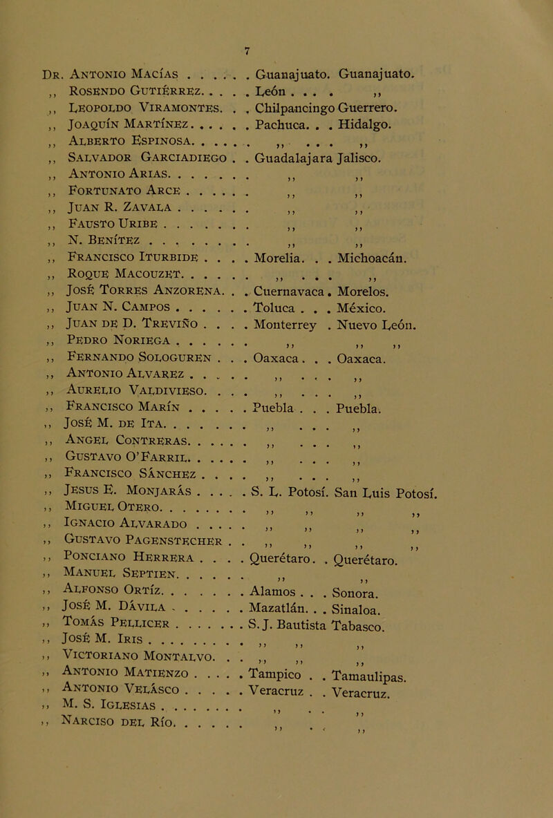 Dr. Antonio Macías ,, Rosendo Gutiérrez. . . . ,, Leopoldo Viramontes. . ,, Joaquín Martínez ,, Alberto Espinosa ,, Salvador Garciadiego . ,, Antonio Arias ,, Fortunato Arce ,, Juan R. Zavala ,, Fausto Uribe ,, N. Benítez „ Francisco Iturbide . . . ,, Roque Macouzet ,, José Torres Anzorena. . ,, Juan N. Campos ,, Juan de D. Treviño . . . ,, Pedro Noriega , . . . . ,, Fernando Sologuren . . ,, Antonio Alvarez . . „ . ,, Aurelio Valdivieso. . . ,, Francisco Marín . . . . ,, José M. de Ita ,, Angel Contreras ,, Gustavo O’Farril ,, Francisco Sánchez . . . ,, Jesús E. Monjarás . . . . ,, Miguel Otero ,, Ignacio Alvarado .... ,, Gustavo Pagenstecher . ,, Ponciano Herrera . . . ,, Manuel Septien ,, Alfonso Ortíz ,, José M. Dávila . . . . . ,, Tomás Pellicer ,, José M. Iris ,, Victoriano Montalvo. . ,, Antonio Matienzo .... ,, Antonio Velásco .... ,, M. S. Iglesias ,, Narciso del Río Guanajuato. Guanajuato. León . • . • j j Chilpancingo Guerrero. Pachuca. . . Hidalgo. 9 9 • • • 99 Guadalajara Jalisco. 9 9 9 9 9 9 9 9 9 9 9 9 Morelia. . 9 9 • • Cuernavaca Toluca . . Monterrey 9 9 Oaxaca. . 9 > Oaxaca. 9 9 * < > 9 9 9 • 9 9 Puebla . . Puebla. 9 9 • • 9 9 9 9 • • 1 9 9 9 • • 9 9 9 9 • ■ 9 9 S. L. Potosí Michoacán. 9 9 Morelos. México. Nuevo León. San Luis Potosí. >> >! )) Querétaro. . Querétaro. Alamos . . . Mazatlán. . . S. J. Bautista Sonora. Sinaloa. Tabasco. 9 9 9 9 9 9 9 9 Tampico Veracruz 9 9 9 9 Tamaulipas. Veracruz. 9 9 9 9