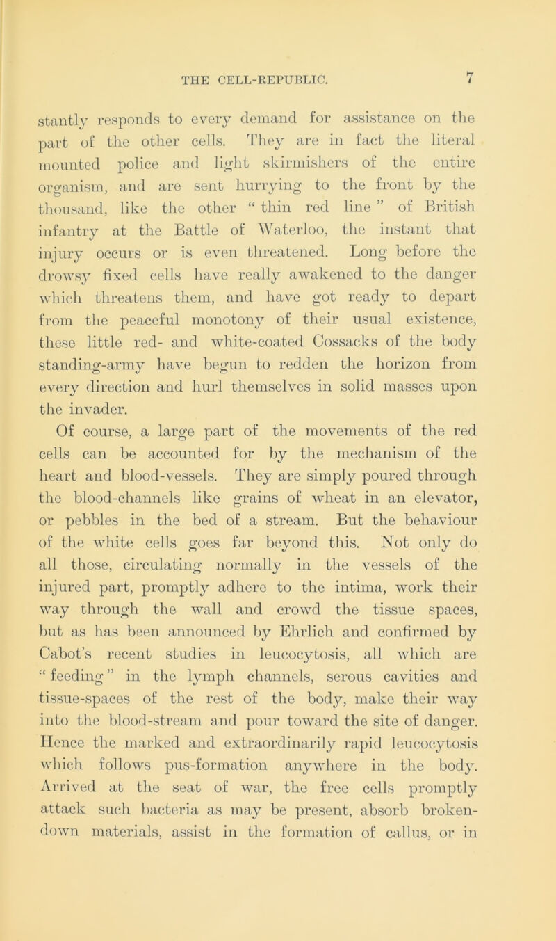 stantly responds to every demand for assistance on tlie part of the otlier cells. They are in fact the literal monnted police and ligdit skirmishers of the entire organism, and are sent hurrying to the front by the thousand, like the other “ thin red line ” of British infantry at the Battle of Waterloo, the instant that injury occurs or is even threatened. Long before the drowsy fixed cells have really awakened to the danger which threatens them, and have got ready to depart from the peaceful monotony of their usual existence, these little red- and white-coated Cossacks of the body standing-army have begun to redden the horizon from every direction and hurl themselves in solid masses upon the invader. Of course, a large part of the movements of the red cells can be accounted for by the mechanism of the heart and blood-vessels. They are simply poured through the blood-channels like grains of wheat in an elevator, or pebbles in the bed of a stream. But the behaviour of the white cells goes far beyond this. Not only do all those, circulating normally in the vessels of the injured part, promptly adhere to the intima, work their way through the wall and crowd the tissue spaces, but as has been announced by Ehrlich and confirmed by Cabot’s recent studies in leucocytosis, all which are “ feeding ” in the lymph channels, serous cavities and tissue-spaces of the rest of the body, make their way into the blood-stream and pour toward the site of danger. Hence the marked and extraordinarily rapid leucocytosis which follows pus-formation anywhere in the body. Arrived at the seat of war, the free cells promptly attack such bacteria as may be present, absorb broken- down materials, assist in the formation of callus, or in