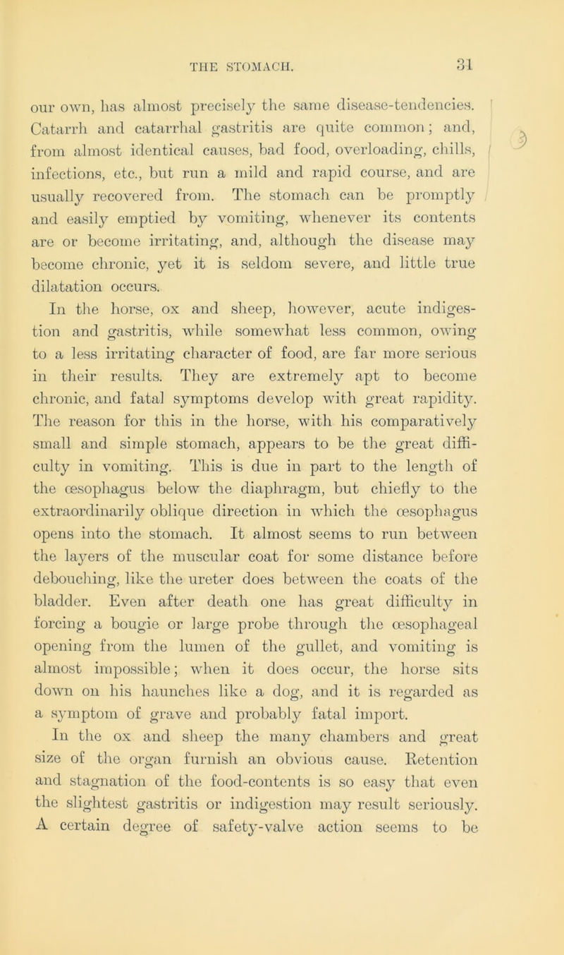 1 our OAvn, has almost precisely the same disease-teiidencies. I Catarrh and catarrhal gastritis are quite common; and, from almost identical causes, had food, overloading, chills, | infections, etc., but run a mild and rapid course, and are usually recovered from. The stomach can be promptly and easil}^ emptied by vomiting, whenever its contents are or become irritating, and, although the disease may become chronic, yet it is seldom severe, and little true dilatation occurs. In the horse, ox and sheep, however, acute indiges- tion and gastritis, while somewhat less common, owing to a less irritating character of food, are far more serious in their results. They are extremely apt to become chronic, and fatal symptoms develop with great rapidity. The reason for this in the horse, with his comparatively small and simple stomach, appears to be tlie great diffi- culty in vomiting. This is due in part to the length of the cesopliagus below the diaphragm, but chiefly to the extraordinarily oblique direction in which the oesophagus opens into the stomach. It almost seems to run between the layers of the muscular coat for some distance before deboucliing, like the ureter does between the coats of the bladder. Even after death one has great difficulty in forcing a bougie or large probe through the a'sophageal opening from the lumen of the gullet, and vomiting is almost impossible; when it does occur, the horse sits down on his haunches like a dog, and it is regarded as a symptom of grave and probably fatal import. In the ox and sheep the many chambers and great size of the organ furnish an obvious cause. Retention and stagnation of the food-contents is so easy that even the slightest gastritis or indigestion may result seriously. A certain degree of safety-valve action seems to be