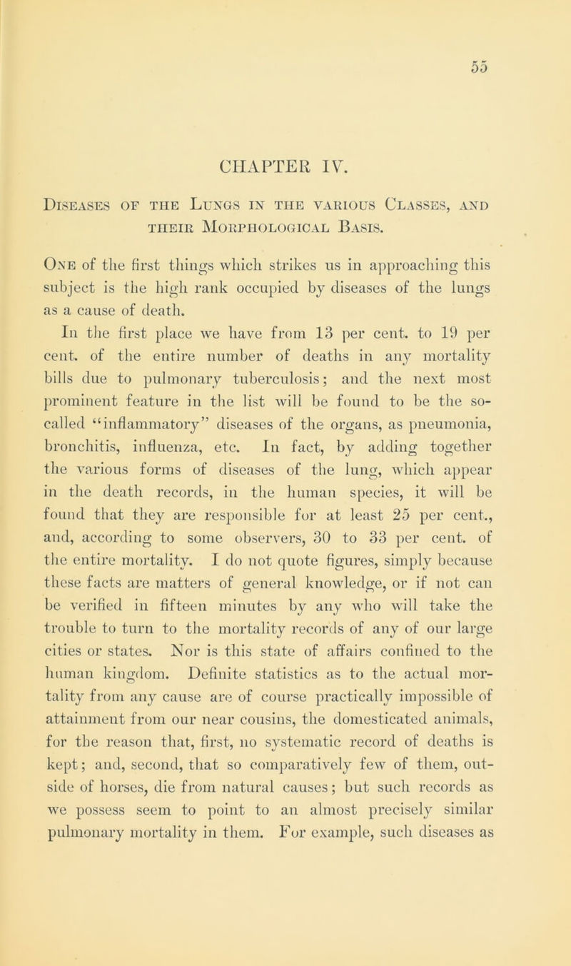 CHAPTER IV. Diseases of the Lungs in the various Classes, and THEIR Morphological Basis. One of the first things which strikes ns in approacliing this subject is the high rank occupied by diseases of the lungs as a cause of death. In the first place we have from 13 per cent, to 19 per cent, of the entire number of deaths in any mortality bills due to pulmonary tuberculosis; and the next most prominent feature in the list will be found to be the so- called “inflammatory” diseases of the organs, as pneumonia, bronchitis, influenza, etc. In fact, by adding together the various forms of diseases of the lung, which appear in the death records, in the human species, it will be found that they are res})onsible for at least 25 per cent., and, according to some observers, 30 to 33 per cent, of the entire mortality. I do not quote figures, simply because these facts are matters of general knowledge, or if not can be verified in fifteen minutes by any who will take the trouble to turn to the mortality records of any of our large cities or states. Nor is this state of affairs confined to the human kingdom. Definite statistics as to the actual mor- tality from any cause are of course practically impossible of attainmeut from our near cousins, the domesticated animals, for the reason that, first, no systematic record of deaths is kept; and, second, that so comparatively few of them, out- side of horses, die from natural causes; but such records as we possess seem to point to an almost precisely similar pulmonary mortality in them. For example, such diseases as