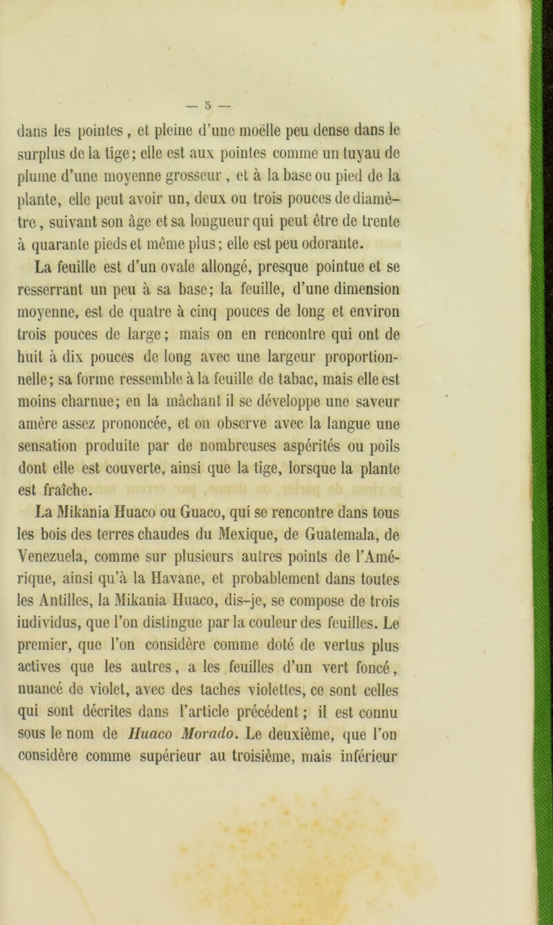 dans les pointes, et pleine d’une moelle peu dense dans le surplus de la lige ; elle est aux pointes comme un tuyau de plume d’une moyenne grosseur , et à la base ou pied de la plante, elle peut avoir un, deux ou trois pouces de diamè- tre , suivant son âge et sa longueur qui peut être de trente à quarante pieds et même plus; elle est peu odorante. La feuille est d’un ovale allongé, presque pointue et se resserrant un peu à sa base; la feuille, d’une dimension moyenne, est de quatre à cinq pouces de long et environ trois pouces de large ; mais on en rencontre qui ont de huit à dix pouces de long avec une largeur proportion- nelle; sa forme ressemble à la feuille de tabac, mais elle est moins charnue; en la mâchant il se développe une saveur amère assez prononcée, et on observe avec la langue une sensation produite par de nombreuses aspérités ou poils dont elle est couverte, ainsi que la tige, lorsque la plante est fraîche. La Mikania Huaco ou Guaco, qui se rencontre dans tous les bois des terres chaudes du Mexique, de Guatemala, de Venezuela, comme sur plusieurs autres points de l’Amé- rique, ainsi qu’à la Havane, et probablement dans toutes les Antilles, la Mikania Huaco, dis-je, se compose de trois iudividus, que l’on distingue parla couleur des feuilles. Le premier, que l’on considère comme doté de vertus plus actives que les autres, a les feuilles d’un vert foncé, nuancé de violet, avec des taches violettes, ce sont celles qui sont décrites dans l’article précédent ; il est connu sous le nom de Huaco Morado. Le deuxième, que l’on considère comme supérieur au troisième, mais inférieur