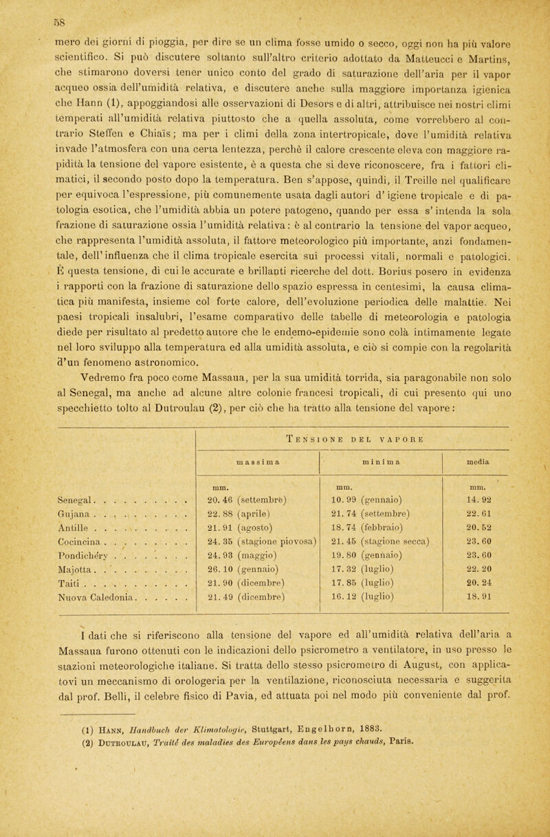 mero dei giorni di pioggia, per dire se un clima fosse umido o secco, oggi non ha più valore scientifico. Si può discutere soltanto sull’altro criterio adottato da Matteucci c Martins, che stimarono doversi tener unico conto del grado di saturazione dell’aria per il vapor acqueo ossia dell’umidità relativa, e discutere anche sulla maggiore importanza igienica che Hann (1), appoggiandosi alle osservazioni di Desors e di altri, attribuisce nei nostri climi temperati all’umidità relativa piuttosto che a quella assoluta, come vorrebbero al con- trario Steffen e Chia'is ; ma per i climi della zona intertropicale, dove l’umidità relativa invade l’atmosfera con una certa lentezza, perchè il calore crescente eleva con maggiore ra- pidità la tensione del vapore esistente, è a questa che si deve riconoscere, fra i fattori cli- matici, il secondo posto dopo la temperatura. Ben s’appose, quindi, il Treille nel qualificare per equivoca l’espressione, più comunemente usata dagli autori d’igiene tropicale e di pa- tologia esotica, che l’umidità abbia un potere patogeno, quando per essa s’intenda la sola frazione di saturazione ossia l’umidità relativa: è al contrario la tensione del vapor acqueo, che rappresenta l’umidità assoluta, il fattore meteorologico più importante, anzi fondamen- tale, dell’influenza che il clima tropicale esercita sui processi vitali, normali e patologici. È questa tensione, di cui le accurate e brillanti ricerche del dott. Borius posero in evidenza i rapporti con la frazione di saturazione dello spazio espressa in centesimi, la causa clima- tica più manifesta, insieme col forte calore, dell’evoluzione periodica delle malattie. Nei paesi tropicali insalubri, l’esame comparativo delle tabelle di meteorologia e patologia diede per risultato al predetto autore che le endemo-epidemie sono colà intimamente legate nel loro sviluppo alla temperatura ed alla umidità assoluta, e ciò si compie con la regolarità cì’un fenomeno astronomico. Vedremo fra poco come Massaua, per la sua umidità torrida, sia paragonabile non solo al Senegai, ma anche ad alcune altre colonie francesi tropicali, di cui presento qui uno specchietto tolto al Dutroulau (2), per ciò che ha tratto alla tensione del vapore: Tensione del vapore massima minima media mm. mm. mm. Senegai 20. 46 (settembre) 10. 99 (gennaio) 14. 92 Gujana 22. 88 (aprile) 21. 74 (settembre) 22. 61 Anti Ile 21. 91 (agosto) 18. 74 (febbraio) 20. 52 Cocincina 24. 35 (stagione piovosa) 21.45 (stagione secca) 23. 60 Pondi chery 24. 93 (maggio) 19.80 (gennaio) 23. 60 Majotta. 26. 10 (gennaio) 17. 32 (luglio) 22. 20 Taiti 21.90 (dicembre) 17.85 (luglio) 20. 24 Nuova Caledonia 21.49 (dicembre) 16. 12 (luglio) 18. 91 I dati che si riferiscono alla tensione del vapore ed all’umidità relativa dell’aria a Massaua furono ottenuti con le indicazioni dello psicrometro a ventilatore, in uso presso le stazioni meteorologiche italiane. Si tratta dello stesso psicrometro di August, con applica- tovi un meccanismo di orologeria per la ventilazione, riconosciuta necessaria e suggerita dal prof. Belli, il celebre fisico di Pavia, ed attuata poi nel modo più conveniente dal prof. (1) Hann, Handbuch der Klimatulogie, Stuttgart, Eugelhorn, 1883. (2) Dutroulau, Traiti des maladies des Européens dans les pai/s chauds, Paris.
