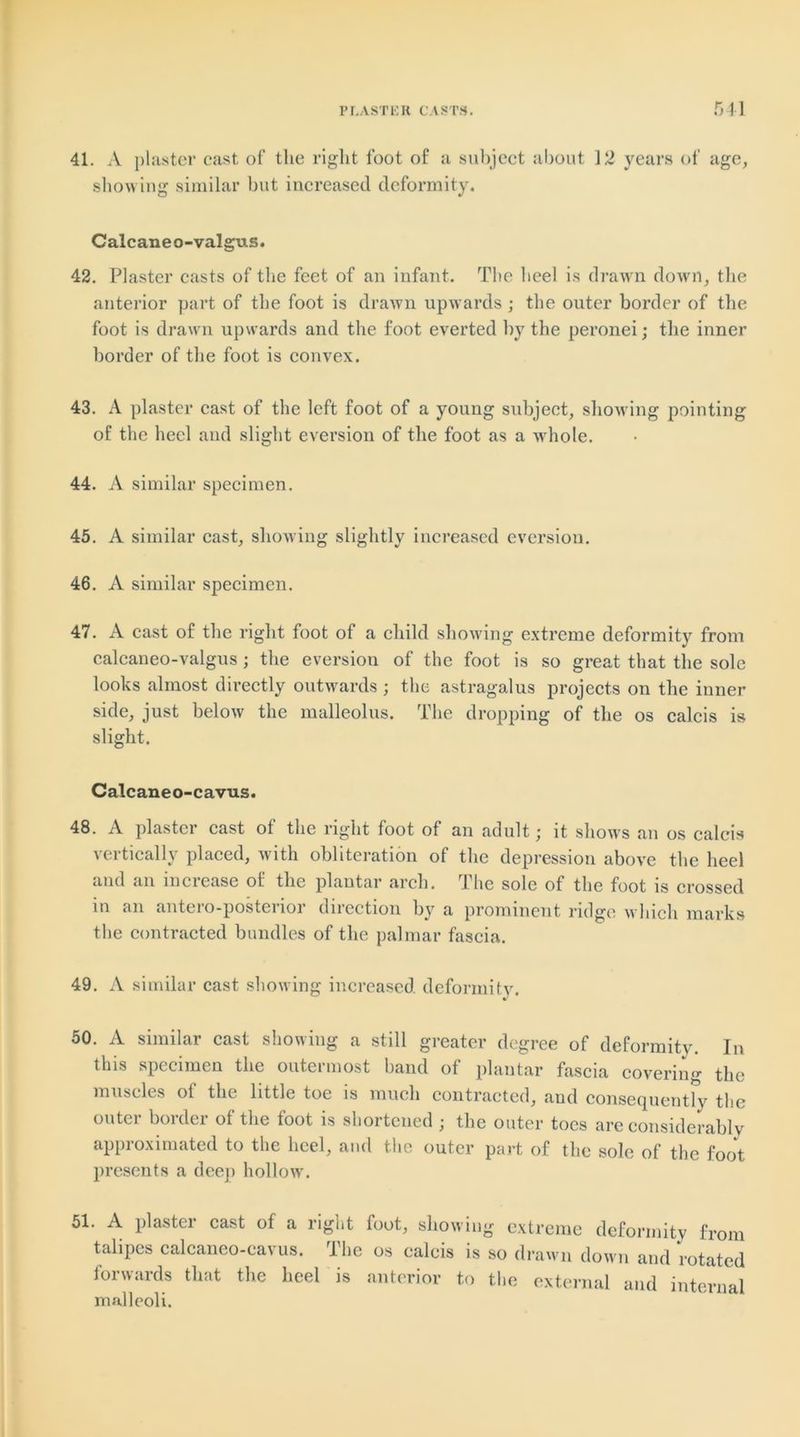 41. A plaster cast of the right foot of a subject about 12 years of age, showing similar but increased deformity. Calcaneo-valgus. 42. Plaster casts of the feet of an infant. The heel is drawn down, the anterior part of the foot is drawn upwards; the outer border of the foot is drawn upwards and the foot everted by the peronei; the inner border of the foot is convex. 43. A plaster cast of the left foot of a young subject, showing pointing of the heel and slight eversion of the foot as a whole. 44. A similar specimen. 45. A similar cast, showing slightly increased eversion. 46. A similar specimen. 47. A cast of the right foot of a child showing extreme deformity from calcaneo-valgus; the eversion of the foot is so great that the sole looks almost directly outwards ; the astragalus projects on the inner side, just below the malleolus. The dropping of the os calcis is slight. Calcaneo-cavus. 48. A plaster cast of the right foot of an adult; it shows an os calcis vertically placed, with obliteration of the depression above the heel and an increase of the plantar arch. The sole of the foot is crossed in an anteio-posteiioi direction by a prominent ridge which marks the contracted bundles of the palmar fascia. 49. A similar cast showing increased deformity. 50. A similar cast showing a still greater degree of deformity. In this specimen the outermost hand of plantar fascia covering the muscles oi the little toe is much contracted, and consequently the outer border of the foot is shortened ; the outer toes are considerably approximated to the heel, and the outer part of the sole of the foot presents a deep hollow. 51. A plaster cast of a right foot, showing extreme deformity from talipes calcaneo-cavus. The os calcis is so drawn down and rotated foiw.uds that the heel is anterior to the external and internal malleoli.
