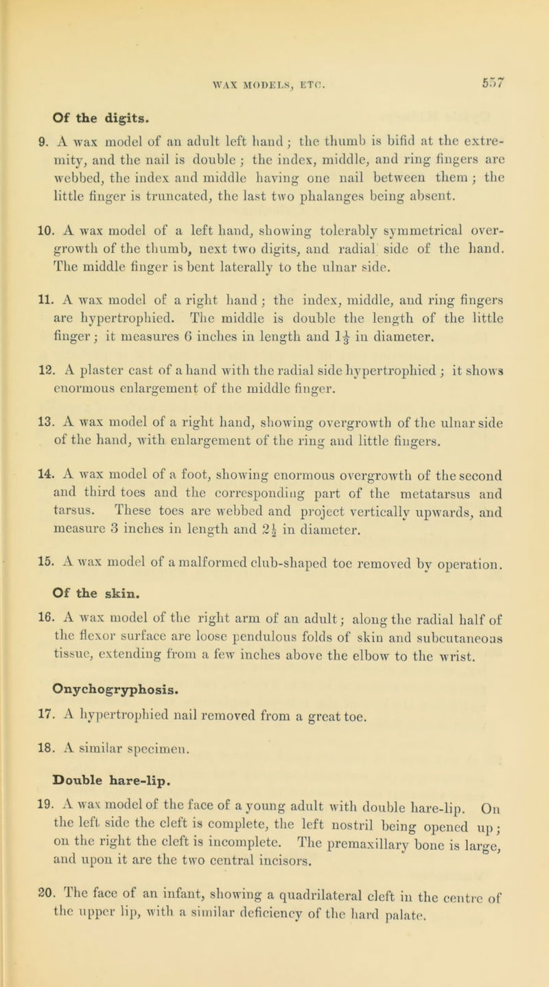 5.‘ Of the digits. 9. A wax model of an adult left hand; the thumb is bifid at the extre- mity, and the nail is double ; the index, middle, and ring fingers are webbed, the index and middle having one nail between them ; the little finger is truncated, the last two phalanges being absent. 10. A wax model of a left hand, showing tolerably symmetrical over- growth of the thumb, next two digits, and radial side of the hand. The middle finger is bent laterally to the ulnar side. 11. A wax model of a right hand ; the index, middle, and ring fingers are hypertrophied. The middle is double the length of the little finger; it measures G inches in length and 1^ in diameter. 12. A plaster cast of a hand with the radial side hypertrophied ; it shows enormous enlargement of the middle finger. 13. A wax model of a right hand, showing overgrowth of the ulnar side of the hand, with enlargement of the ring and little fingers. 14. A wax model of a foot, showing enormous overgrowth of the second and third toes and the corresponding part of the metatarsus and tarsus. These toes are webbed and project vertically upwards, and measure 3 inches in length and 2| in diameter. 15. A wax model of a malformed club-shaped toe removed by operation. Of the skin. 16. A wax model of the right arm of an adult; along the radial half of the flexor surface are loose pendulous folds of skin and subcutaneous tissue, extending from a few inches above the elbow to the wrist. Onychogryphosis. 17. A hypertrophied nail removed from a great toe. 18. A similar specimen. Double hare-lip. 19. A wax model of the face of a young adult with double hare-lip. On the left side the cleft is complete, the left nostril being opened up; on the right the cleft is incomplete. The premaxillary bone is large, and upon it are the two central incisors. 20. The face of an infant, showing a quadrilateral cleft in the centre of the upper lip, with a similar deficiency of the hard palate.