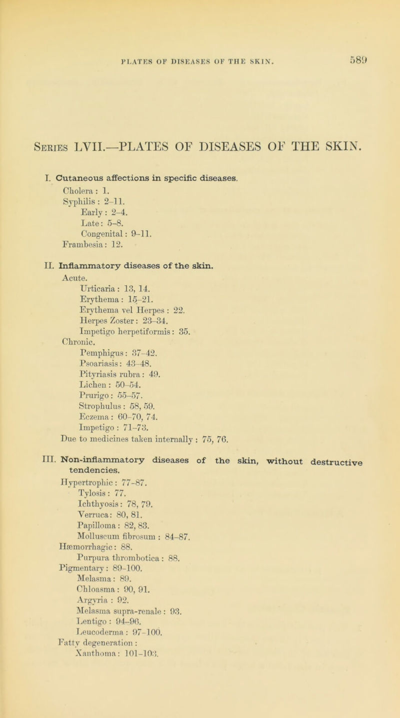 Series LVII.—PLATES OF DISEASES OF THE SKIN. I. Cutaneous affections in specific diseases. Cholera : 1. Syphilis: 2-11. Early: 2-4. Late: 5-8. Congenital: 9-11. Frambesia: 12. II. Inflammatory diseases of the skin. Acute. Urticaria: 13, 14. Erythema: 15-21. Erythema vel Herpes : 22. Herpes Zoster: 23-34. Impetigo herpetiformis: 35. Chronic. Pemphigus: 37-42. Psoariasis: 43-48. Pityriasis rubra: 49, Lichen : 50-54. Prurigo: 55-57. Strophulus: 58, 59. Eczema: 60-70, 74. Impetigo : 71-73. Due to medicines taken internally : 75, 76. III. Non-inflammatory diseases of the skin, without destructive tendencies. Hypertrophic: 77-87. Tylosis: 77. Ichthyosis: 78, 79. Verruca: 80,81. Papilloma: 82, 83. Molluscum fibrosum : 84-87. Haemorrhagic: 88. Purpura thrombotica: 88. Pigmentary: 89-100. Melasma: 89. Chloasma: 90, 91. Argyria : 92. Melasma supra-renale: 93. Lentigo : 94-96. Leucoderma : 97-100. Fatty degeneration : Xanthoma: 101 -103.