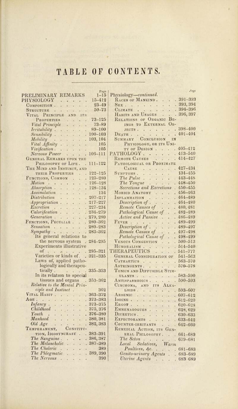 < TABLE OF CONTENTS. The Phlegmatic The Nervous . Page PRELIMINARY REMARKS 1-15 PHYSIOLOGY 15-412 Composition 23-49 Structure 50-73 Vital Principle and its Properties .... 73-125 Vital Principle .... 73-89 Irritability 89-100 Sensibility 100-103 Mobility 103, 104 Vital Affinity 105 Vivification 105 ' Nervous Power .... 106—111 General Remarks upon the Philosophy of Life . . 111-122 The Mind and Instinct, and their Properties . . 122-125 Functions, Common . . . 125-280 Motion 126-128 Absorption 128-134 Assimilation 134 Distribution 207-217 Appropriation 217-227 Excretion 227-234 Calorification 234-279 Generation 279, 280 Functions, Peculiar . . . 280-362 Sensation 280-283 Sympathy 283-362 Its general relations to the nervous system . 284-295 Experiments illustrative of 295-321 Varieties or kinds of. . 321-335 Laws of, applied patho- logically and therapeu- tically . .... In its relation to special tissues and organs Relative to the Mental Prin- ciple and Instinct Vital Habit Age . . . Infancy . Childhood Youth Manhood Old Age Temperament, Constitu- tion, Idiosyncrasy The Sanguine . The Melancholic The Choleric . 335-353 353-362 362 363-372 373-383 373-375 375, 376 376-380 380, 381 382, 383 383-391 386, 387 387-389 389 389,390 390 \TE Physiology—continued. Races of Mankind . . . . Sex Climate Habits and Usages Relations of Organic Be- ings to External Ob- jects Death Summary Conclusion in Physiology, or its Uni- ty of Design PATHOLOGY. . Remote Causes Pathological or Proxim Cause Symptoms . The Pulse . The Tongue Secretions and Excretions Morbid Anatomy . Inflammation Description of . Remote Causes of Pathological Cause of Active and Passive . Fever Description of . Remote Causes of Pathological Cause of Venous Congestion . Humoralism .... THERAPEUTICS . . General Consideration Cathartics Astringents Tonics and Diff ulants . Antispasmodics Cinchona, and LOIDS . Arsenic Iodine . . . Ergot . Emmenagogues Diuretics . . Expectorants Counter-irritants Remedial Action, its Gi eral Philosophy The Scton . Local Sedatives, IV Poultices, cf-c. . Gcnito-urinary Agents Uterine Agents . . usible S its Al OF IM- KA- EN- uinn 391-393 393,394 394-396 396, 397 398-400 401-404 405-412 413- 540 414- 427 427—134 134-455 443-44S 448-450 450-455 456-163 464-489 464-4SO 480, 4S1 482-489 486-4S9 489-499 489-497 497- 498 498- 499 500-513 514-540 541-777 541-563 563-570 570-578 583-590 590-593 593-607 607-612 612-620 620-628 628,629 630-633 633-642 642-660 661-6S9 679-681 681-683 683-689 683 689