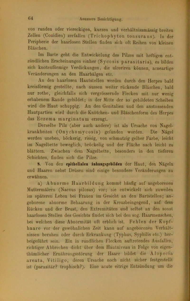 von runden oder viereckigen, kurzen und vcrhältnissmässig breiten Zellen (Conidien) zerfallen (Trichophyton tonsurans). ln der Peripherie der haarlosen Stellen finden sich oft Reihen von kleinen Bläschen. Im Barte geht die Entwickelung des Pilzes mit heftigen ent- zündlichen Erscheinungen einher (Sycosis parasitaria), es bilden sich knotenförmige Verdickungen, die ulceriren können, acneartige Veränderungen an den Haarbälgen etc. An den haarlosen Hautstellen werden durch den Herpes bald kreisförmig gestellte, nach aussen weiter rückende Bläschen, bald nur rothe, gleichfalls sich vergrössernde Flecken mit nur wenig erhabenem Rande gebildet; in der Mitte der so gebildeten Scheiben wird die Haut schuppig. An den Genitalien und den anstossenden Hautpartien wird durch die Knötchen- und Bläschenform des Herpes das Eczema marginatum erzeugt. Derselbe Pilz (aber auch andere) ist als Ursache von Nagel- krankheiten (Onychomycosis) gefunden worden. Die Nägel werden uneben, höckerig, rissig, von schmutzig gelber Farbe, leicht im Nagelbette beweglich, bröckelig und der Fläche nach leicht zu blättern. Zwischen dem Nagelbette, besonders in den tieferen Schichten, finden sich die Pilze. 8. Von den epithelialen Anhangsgebilden der Haut, den Nägeln und Haaren nebst Drüsen sind einige besondere Veränderungen zu erwähnen. a) Abnorme Haarbildung kommt häufig auf angeborenen Muttermälern (Naevus pilosus) vor; sie entwickelt sich zuweilen im späteren Leben bei Frauen im Gesicht an den Bartstellen; an- geborene abnorme Behaarung in der Kreuzbeingegend, auf dem Rücken und der Brust, den Extremitäten und selbst an den sonst haarlosen Stellen des Gesichts findet sich bei den sog. Haarmenschen, bei welchen diese Abnormität oft erblich ist. Fehlen der Kopf- haare vor der gewöhnlichen Zeit kann auf angeborenen Verhält- nissen beruhen oder durch Erkrankung (Typhus, Syphilis etc.) her- beigeführt sein. Ein in rundlichen Flecken auftretendes Ausfallen, richtiger Abbrechen dicht über dem Hautniveau in Folge von eigen- thiimlicher Ernährungsstörung der Haare bildet die Alopecia areata, Vitiligo, deren Ursache noch nicht sicher festgestellt ist (parasitär? trophisch?). Eine acute eitrige Entzündung um die